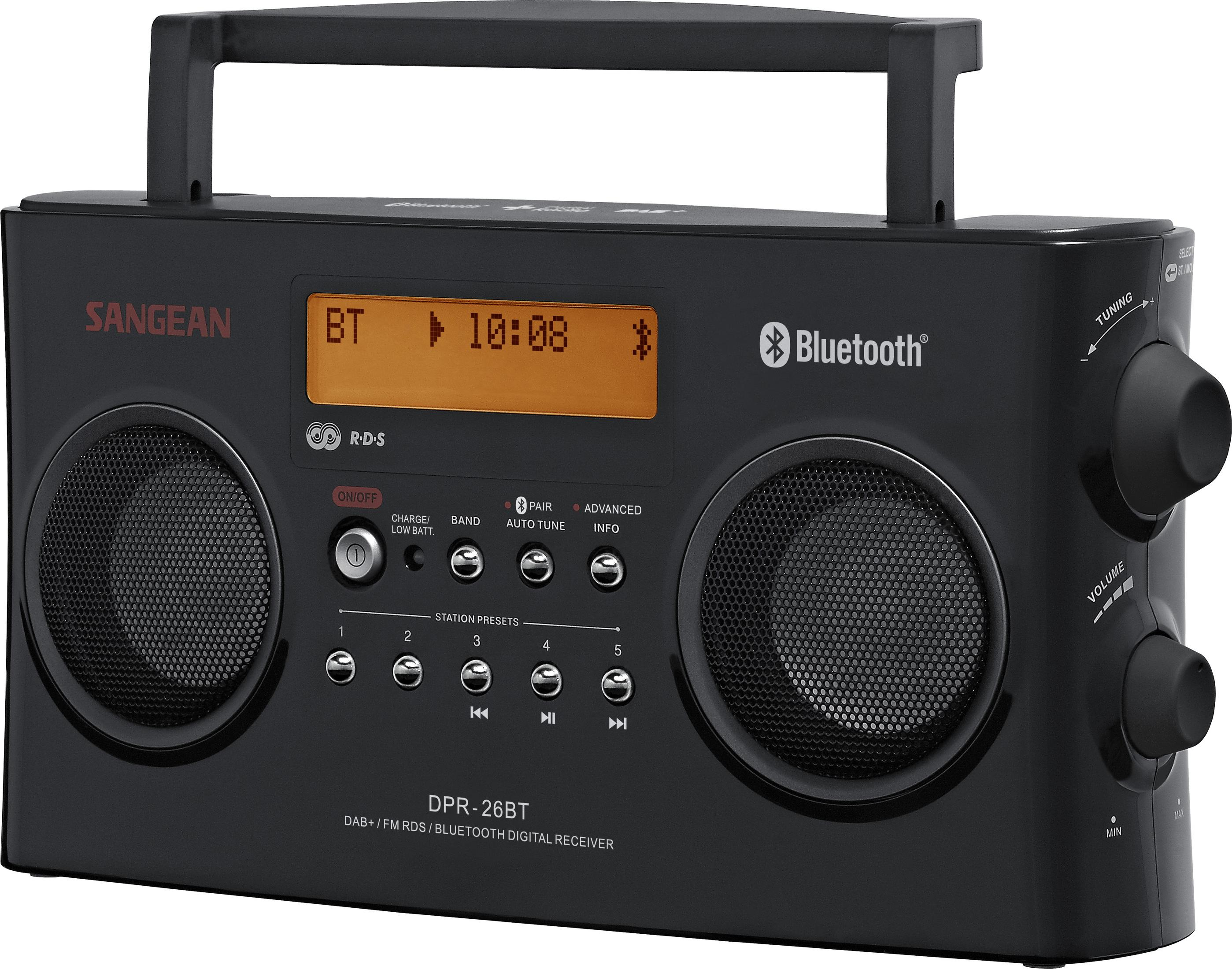 Schwarzer Sangean DPR-26BT Bluetooth-Digitalempfänger mit zwei Lautsprechern und LCD-Display.