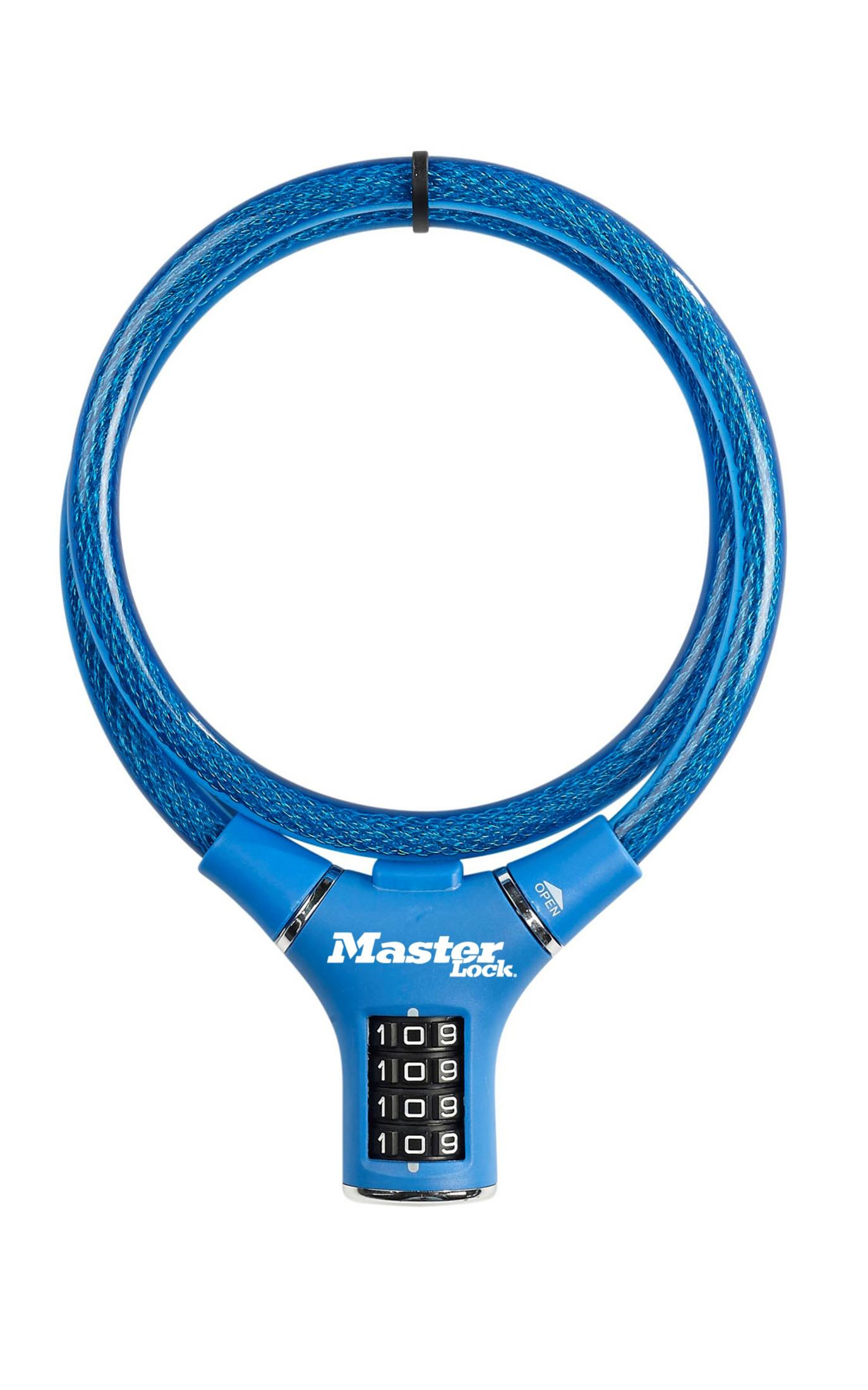 Un lucchetto a cavo blu Master Lock con combinazione a 4 cifre.
