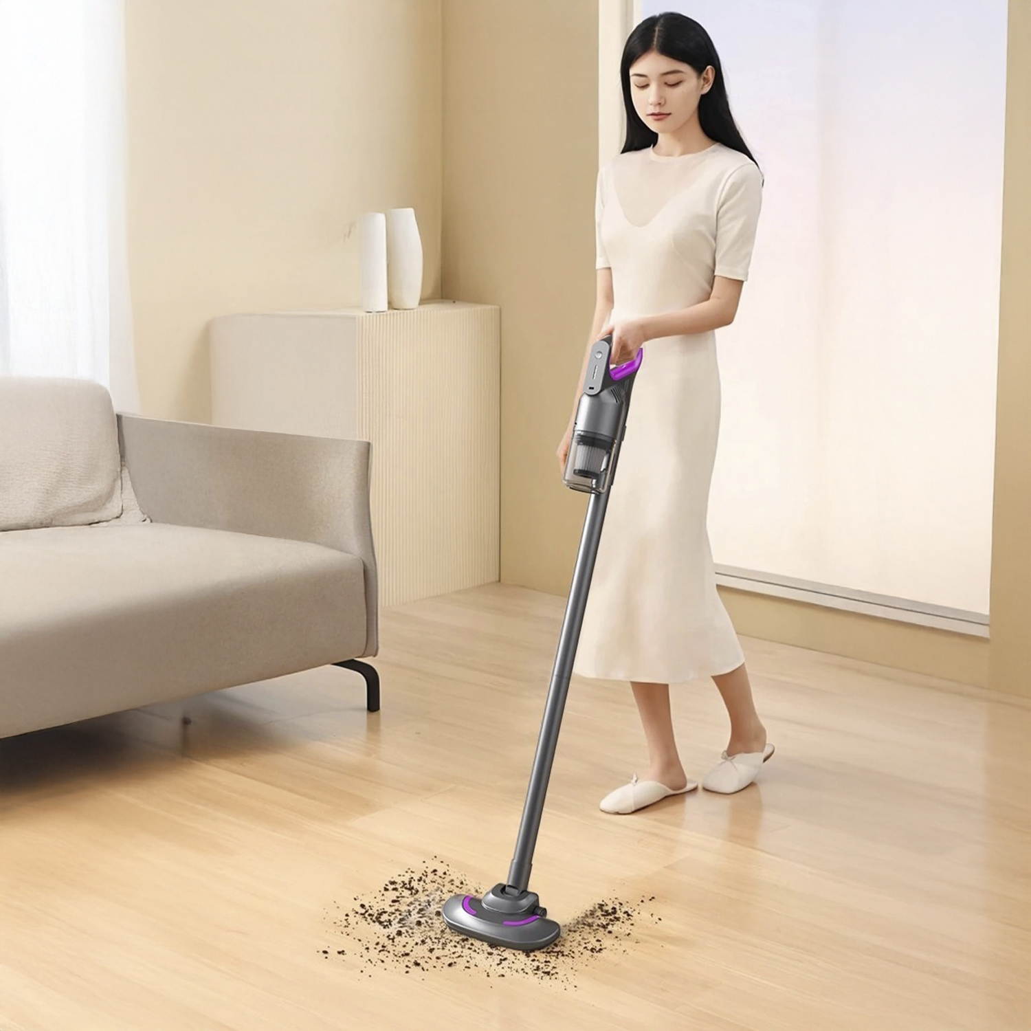 Una donna aspira sporco su un pavimento in legno con un aspirapolvere senza fili.