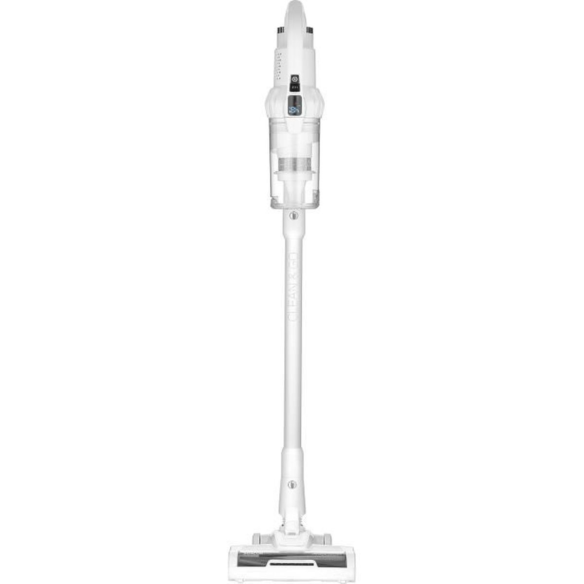 Un aspirapolvere a scopa senza fili bianco con serbatoio polvere trasparente e display LED.