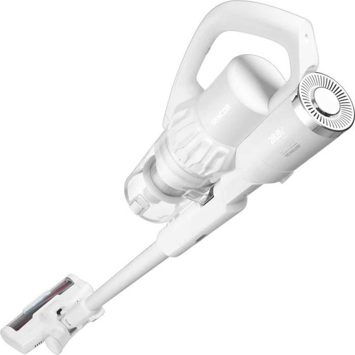 Aspirapolvere senza fili bianco con contenitore trasparente e accenti argento.