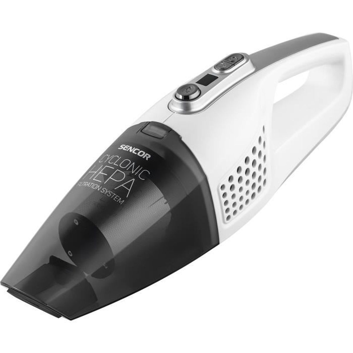 Un aspirapolvere portatile bianco con contenitore nero e filtro HEPA.