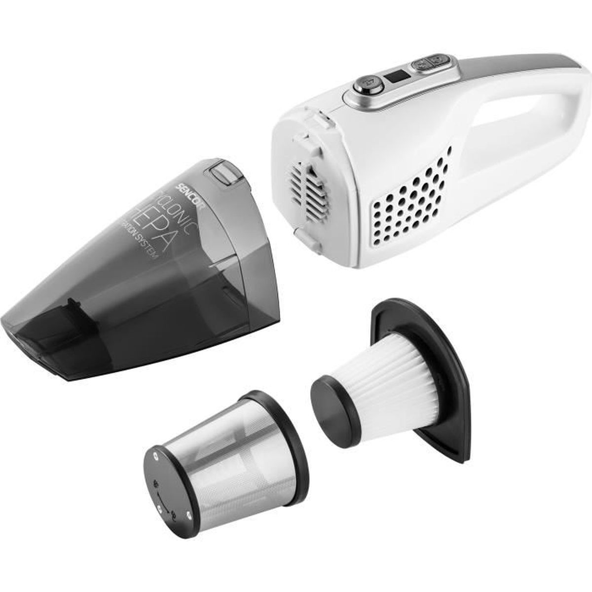 Un aspirapolvere portatile bianco con contenitore polvere rimovibile e filtro HEPA.