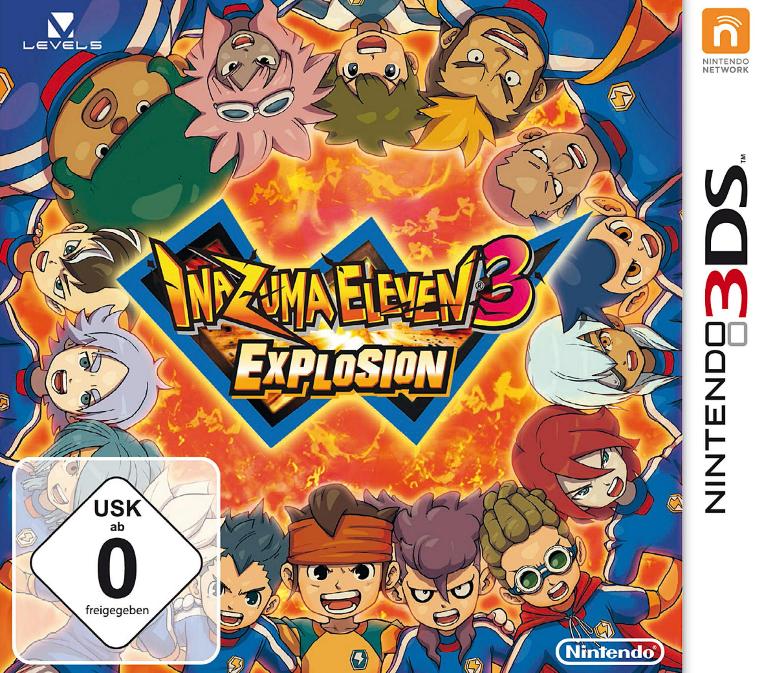 Anime-Charaktere auf einem Spielcover mit Feuerhintergrund und USK-Siegel.