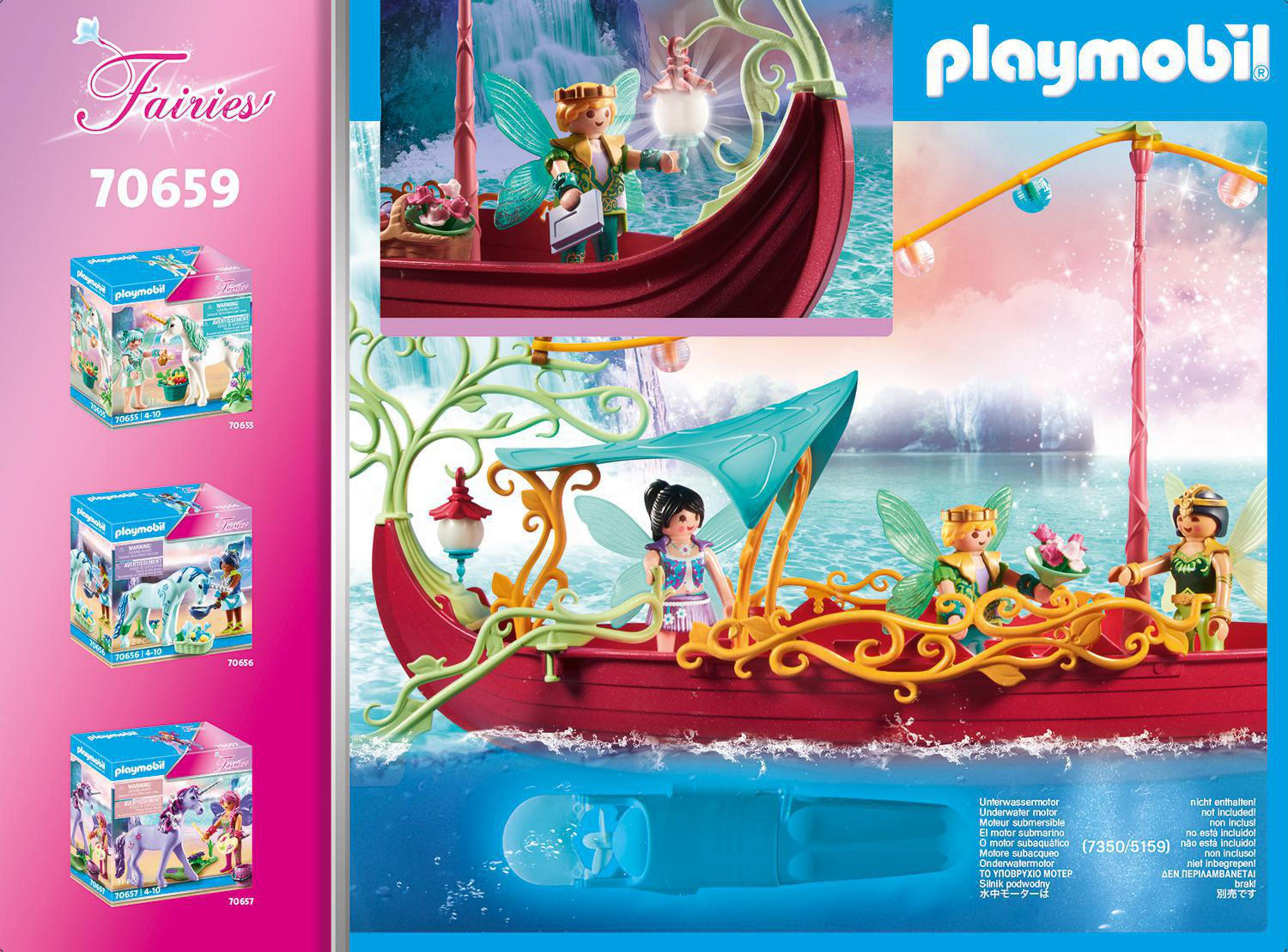 Barca delle fate Playmobil con figure, motore subacqueo e tre scatole di prodotto.