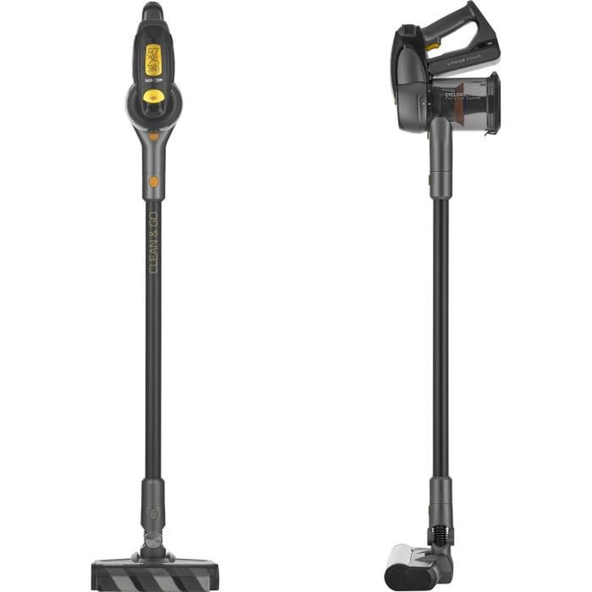 Due viste di un aspirapolvere a scopa grigio con accenti gialli e testo "CLEAN & GO".