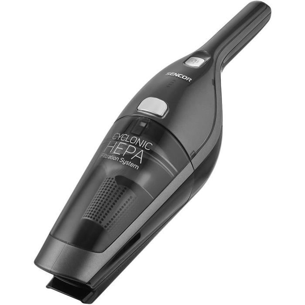 Un aspirapolvere portatile scuro con un contenitore antipolvere trasparente e filtro HEPA.
