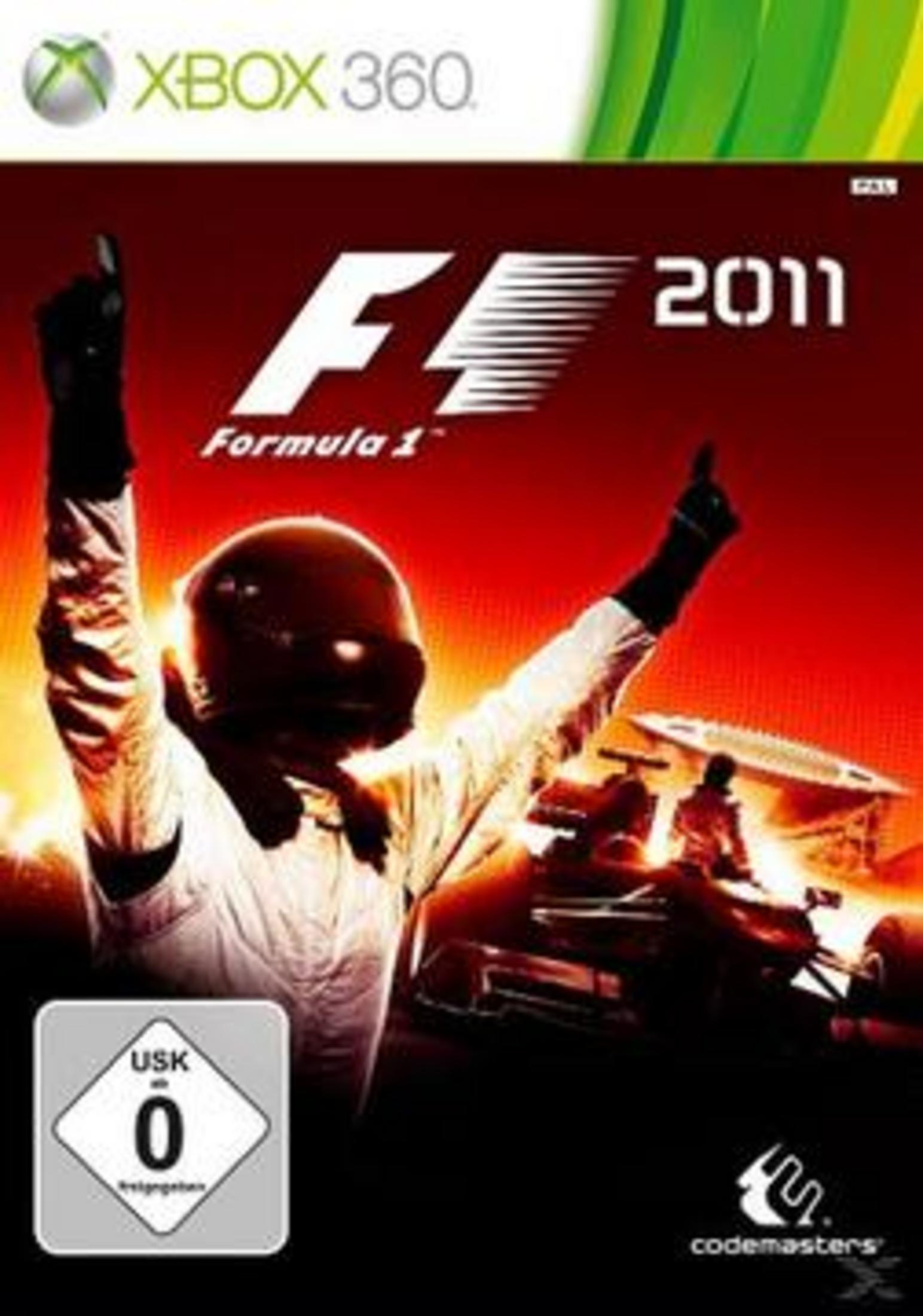 Formel 1 2011 Xbox 360 Spielcover mit jubelndem Fahrer und Rennwagen.
