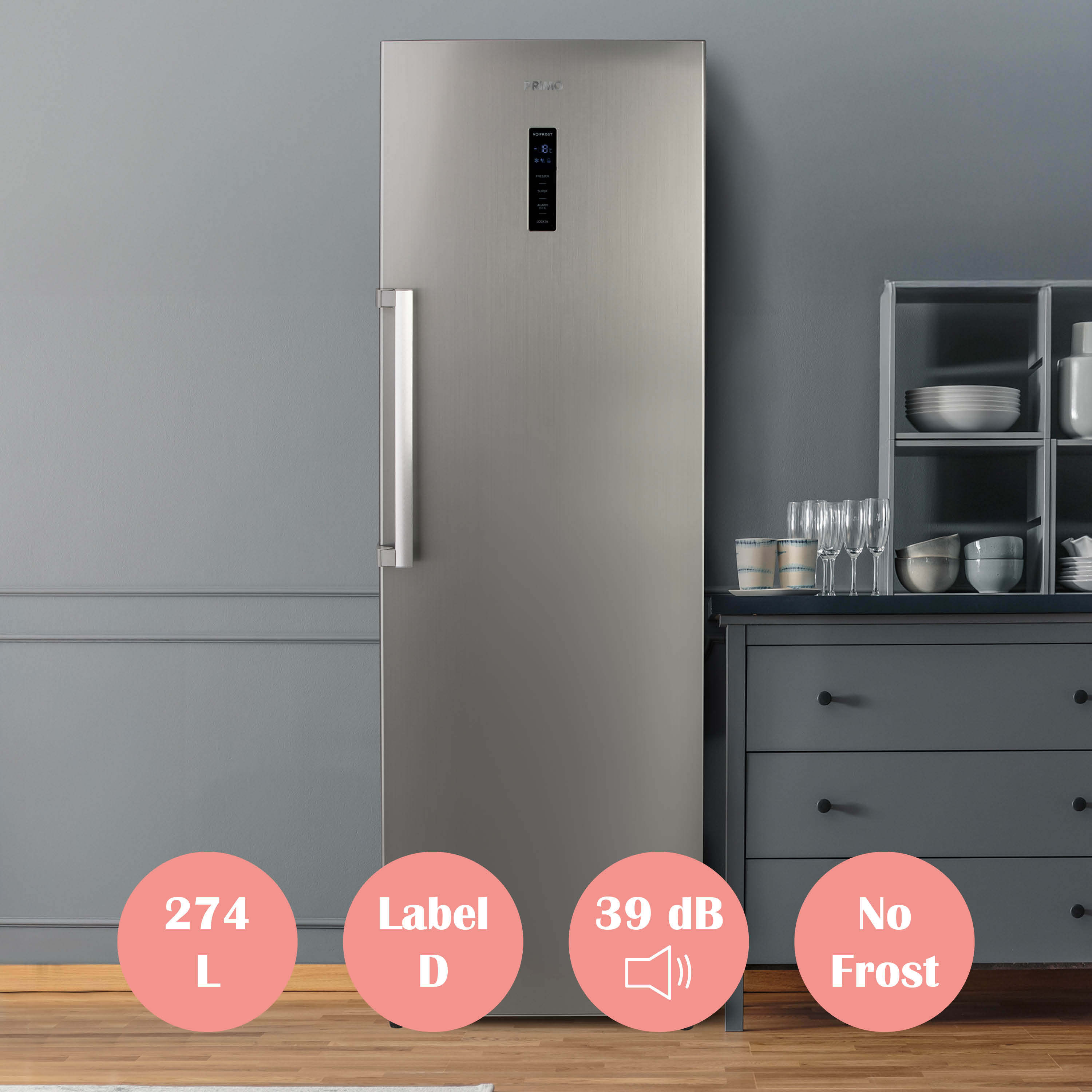 RVS koelkast met digitaal display, 274L, Energielabel D, 39dB, No Frost.