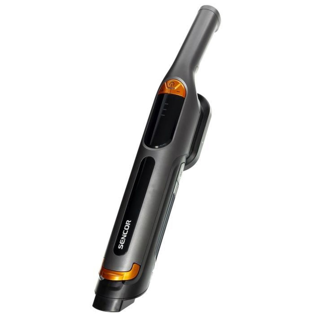 Un aspirapolvere portatile grigio con accenti arancioni e logo SENCOR.