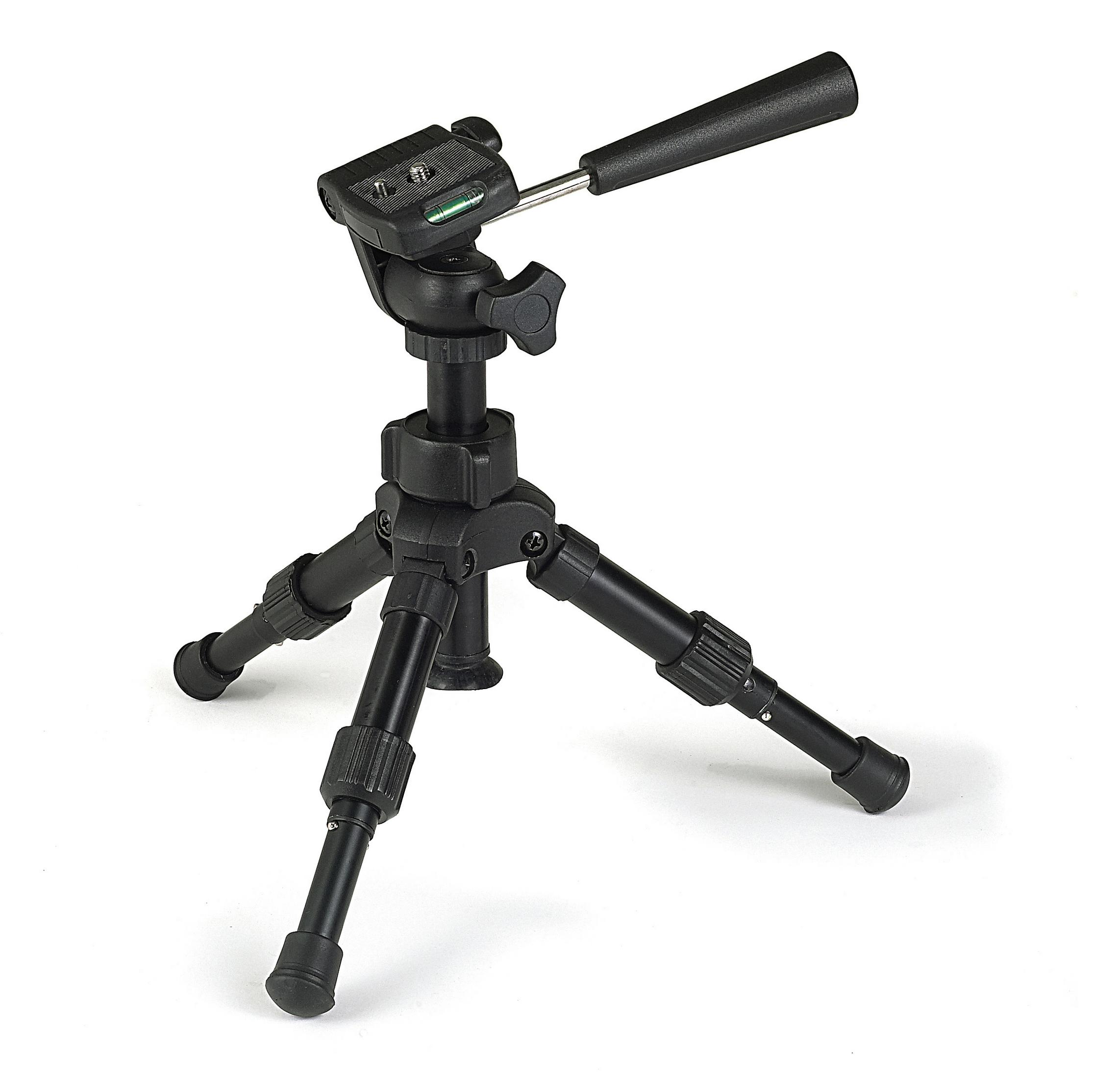 Een kleine zwarte camerapotret met drie poten en een verstelbare kop.