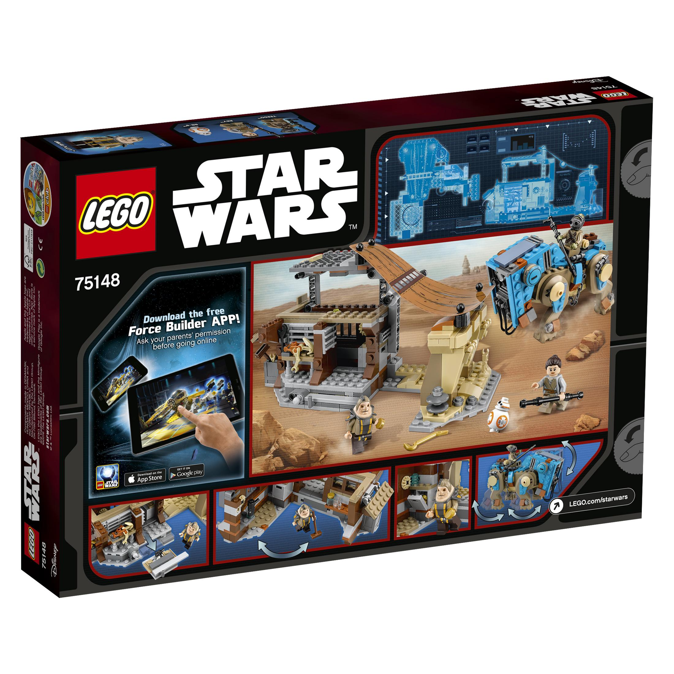 Scatola LEGO Star Wars con figure, veicolo e edificio su pianeta desertico.