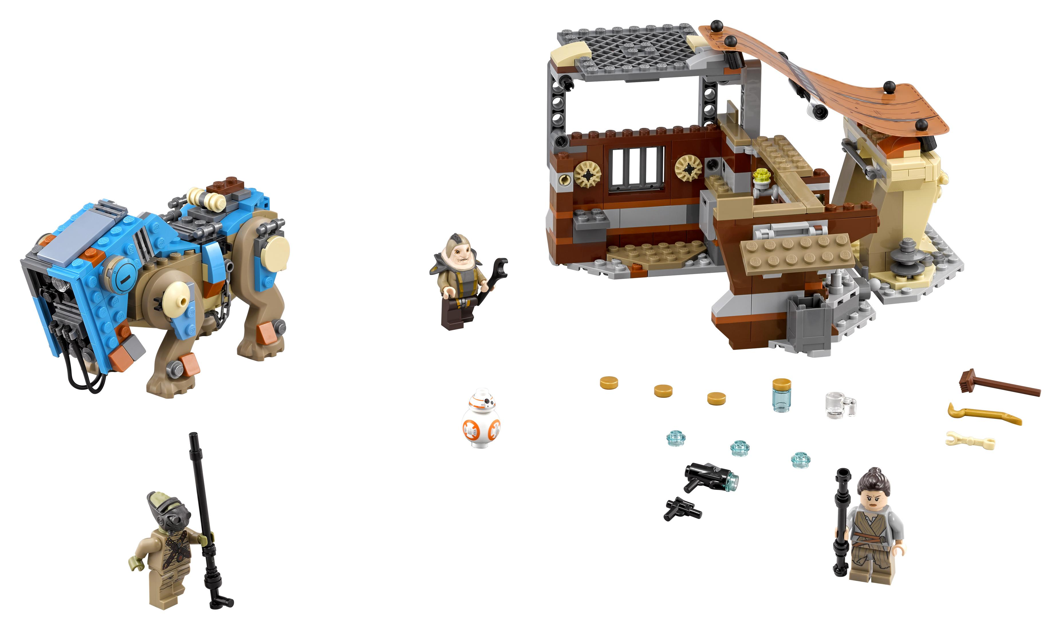 Set Lego con creatura, edificio, tre minifigure e accessori su sfondo bianco.