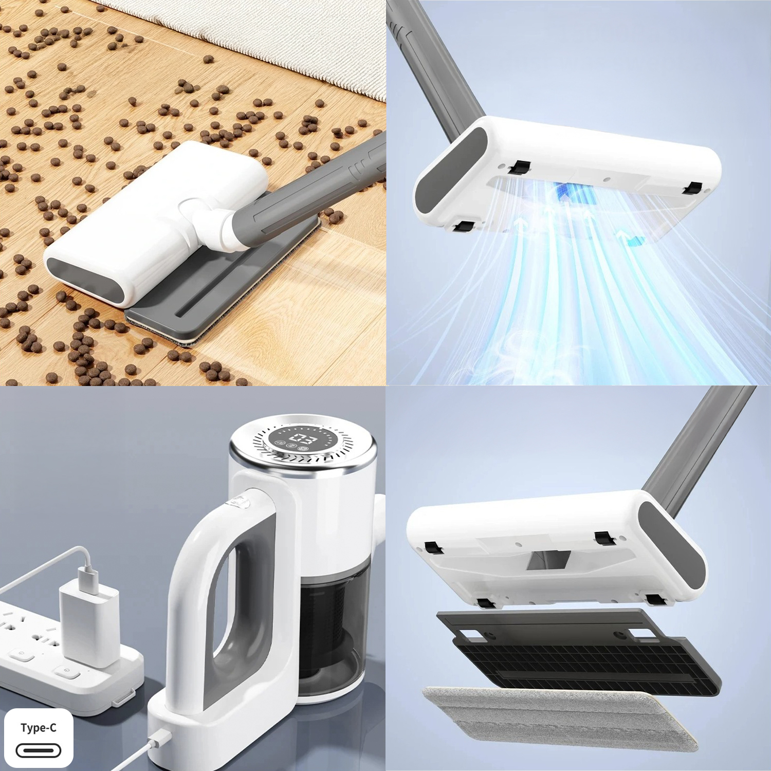 Un aspirapolvere lavapavimenti senza fili pulisce un pavimento in legno con pellet.