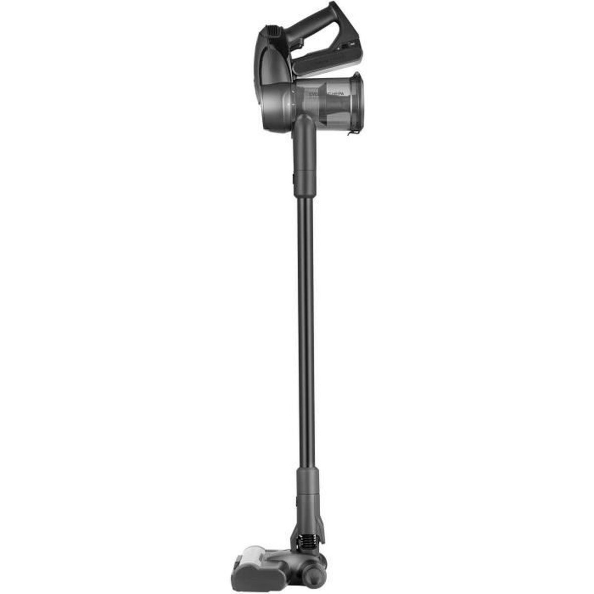 Un'elegante aspirapolvere nera portatile con contenitore per la polvere, mostrata in piedi.