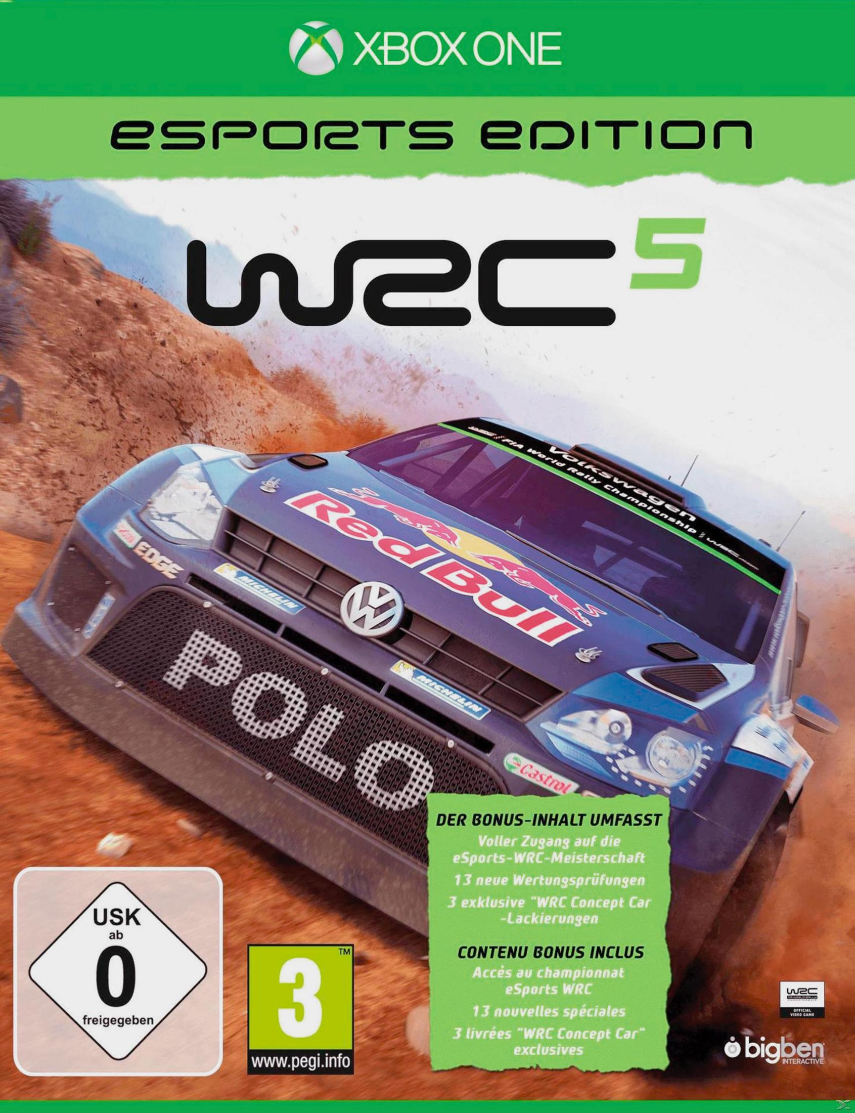 Xbox One WRC 5 Esports Edition Hülle mit Rallyewagen und Logos.