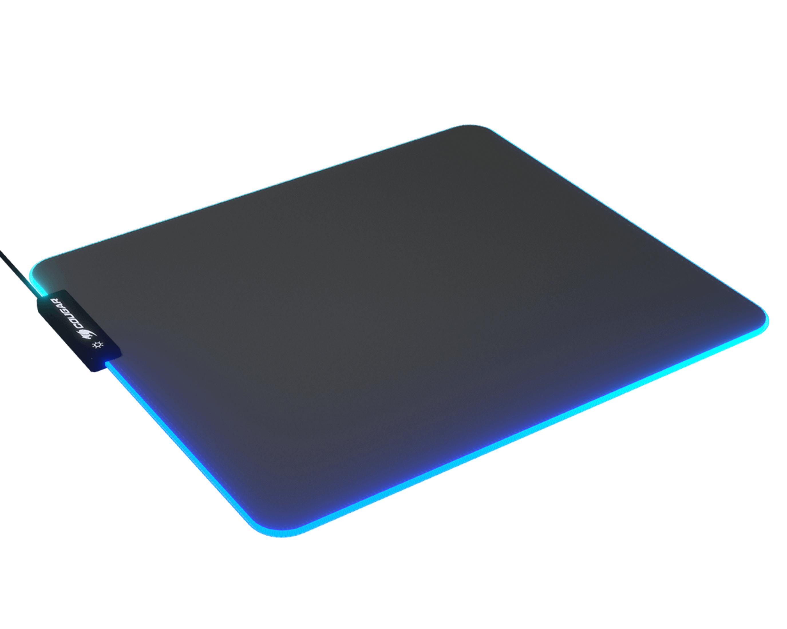Schwarzes Mauspadd mit blauer LED-Beleuchtung und schwarzem Kabel.