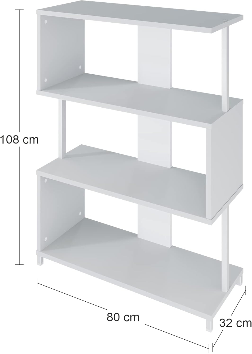Un estante blanco de tres niveles que mide 108x80x32 cm.