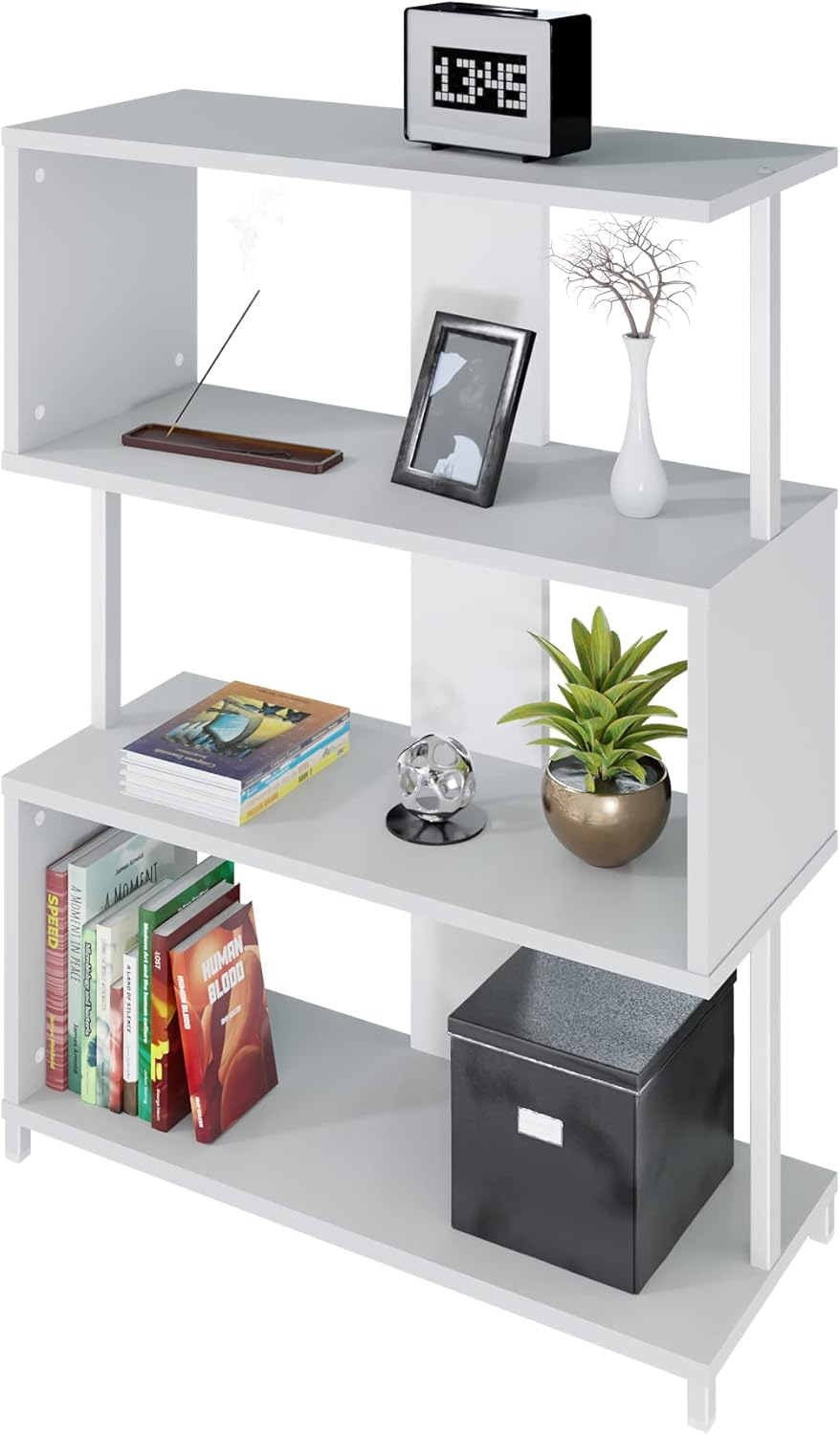 Estantería blanca con libros, reloj, incienso, marco de fotos y planta.