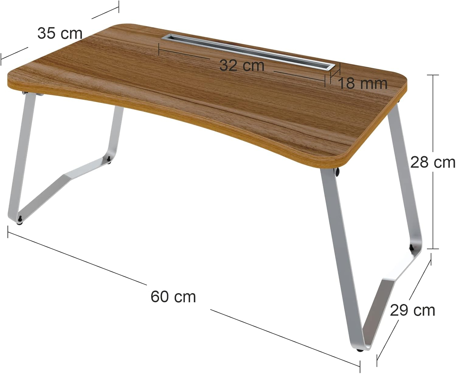 Mesa marrón para portátil con patas plegables plateadas. Dimensiones.