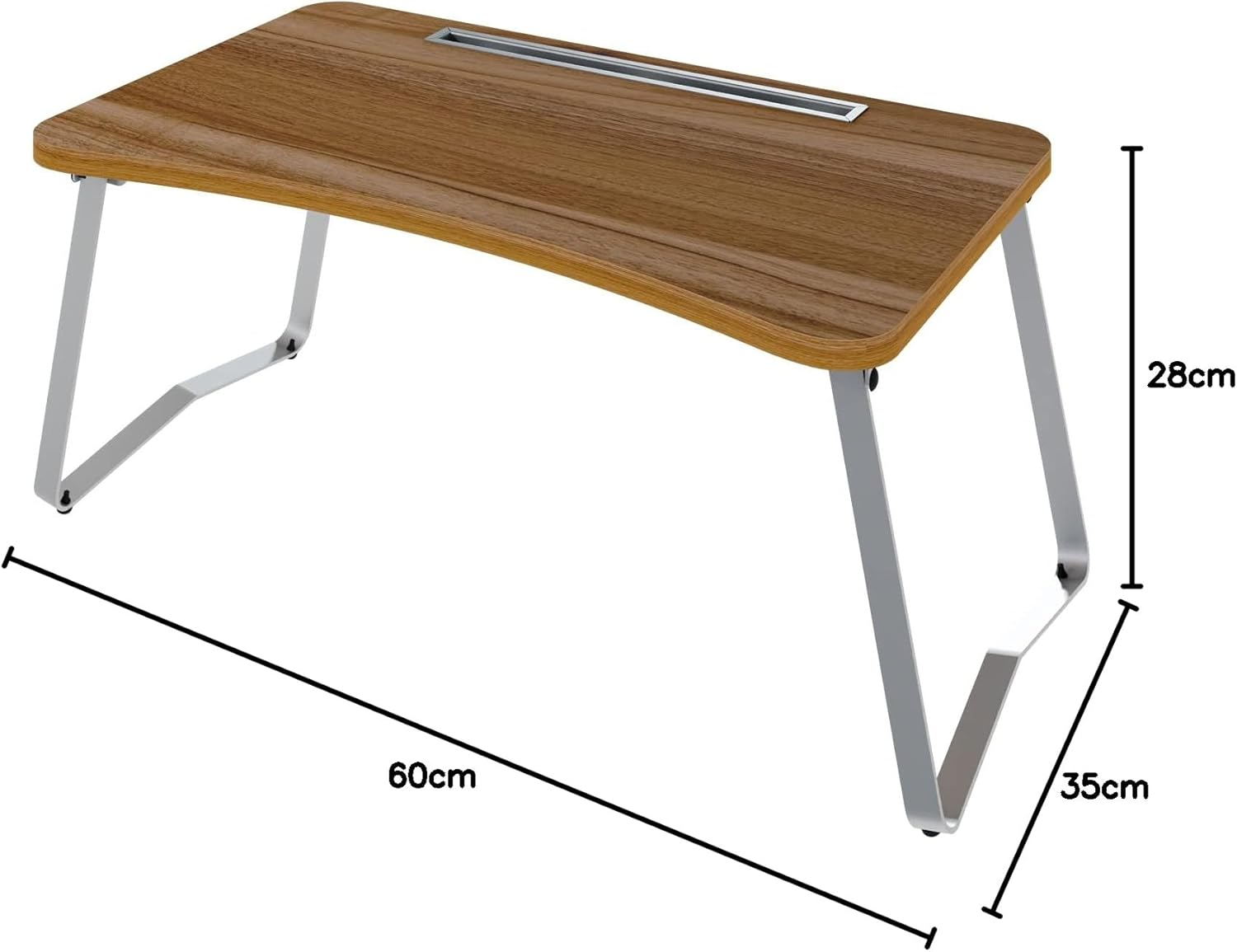 Mesa marrón para portátil con patas plateadas. Dimensiones: 60x35x28cm.