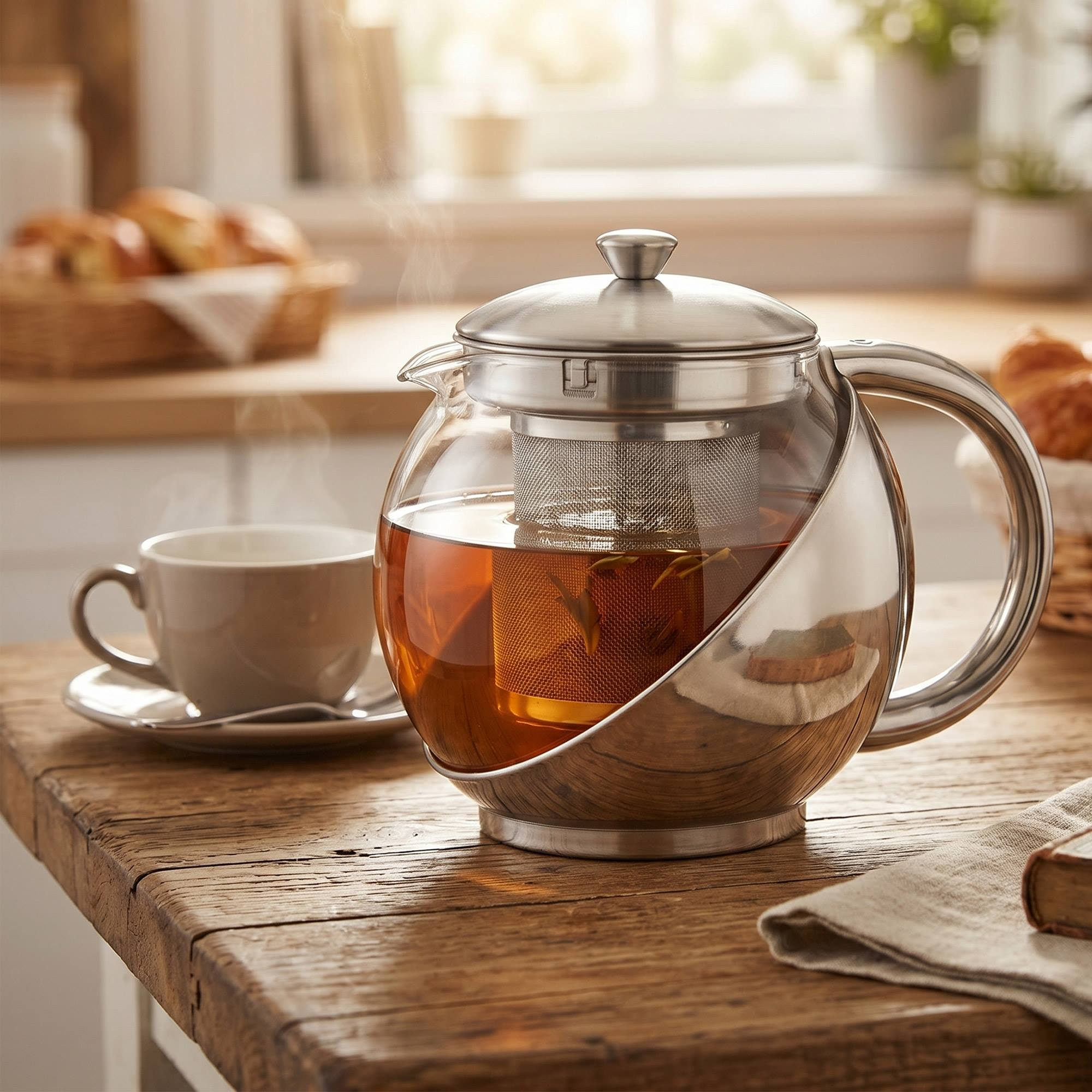 Una tetera humeante de cristal y metal junto a una taza de té sobre una mesa de madera.