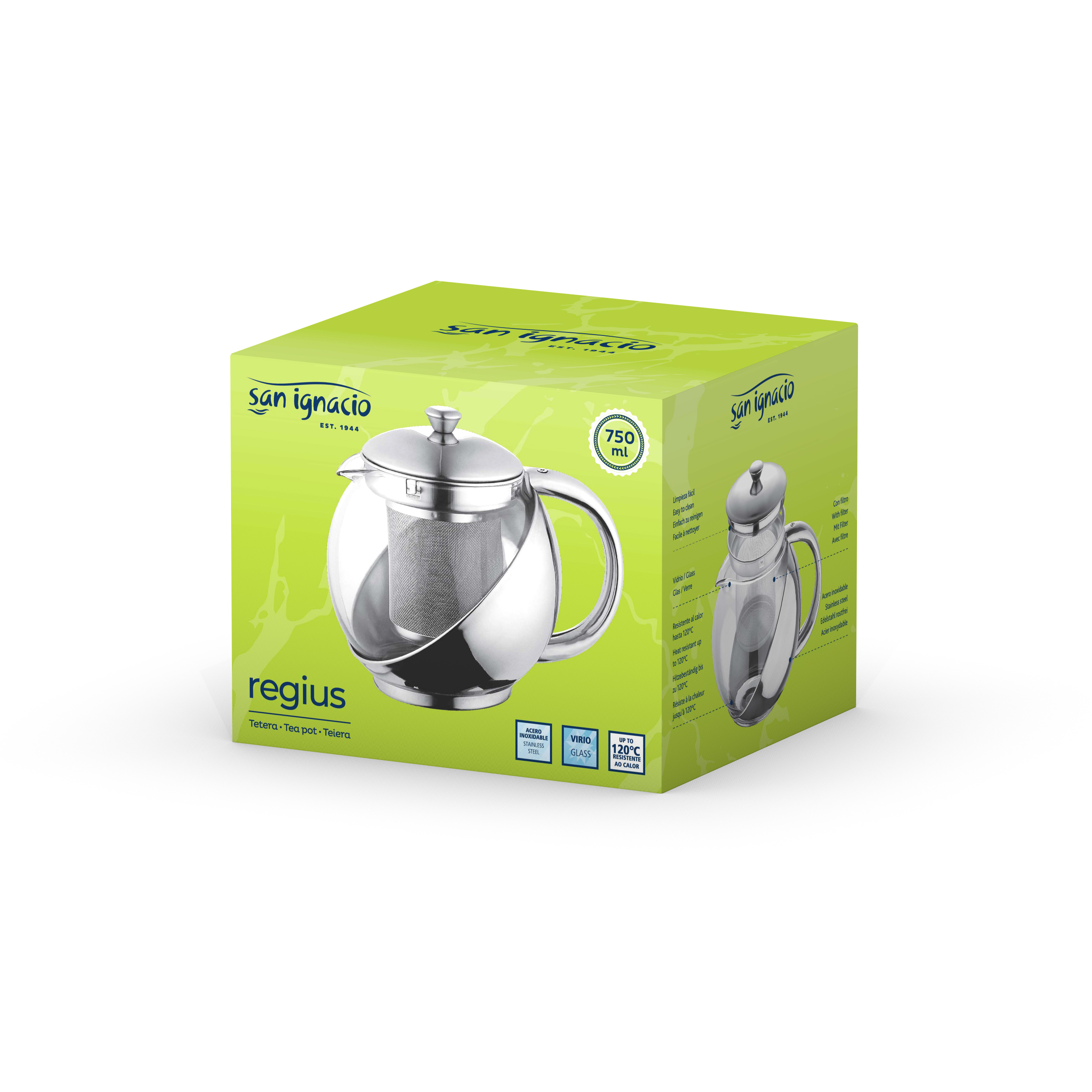 Caja para tetera de 750ml de vidrio y acero inoxidable con filtro.