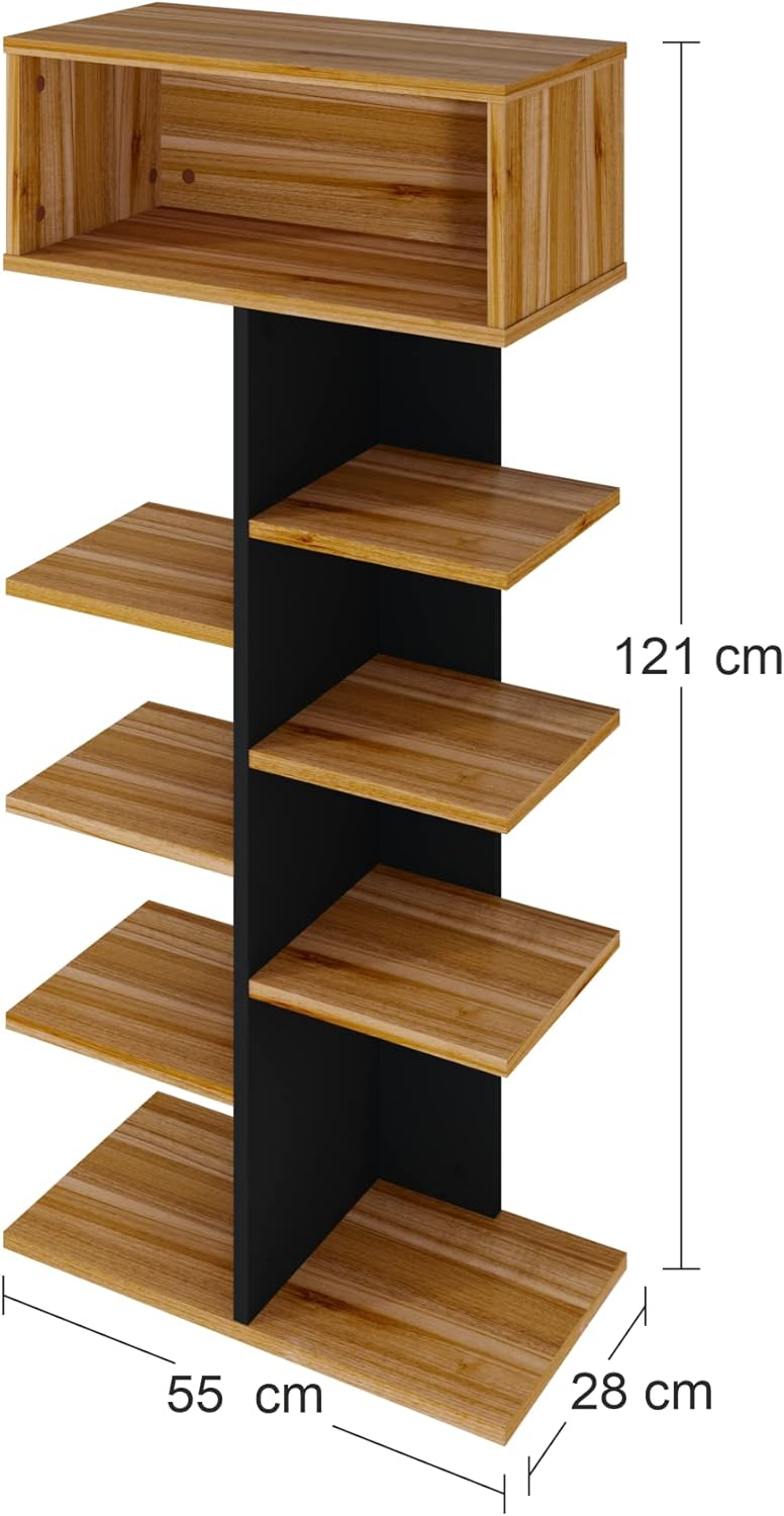 Un estante alto y estrecho con estantes de veta de madera y detalles negros.