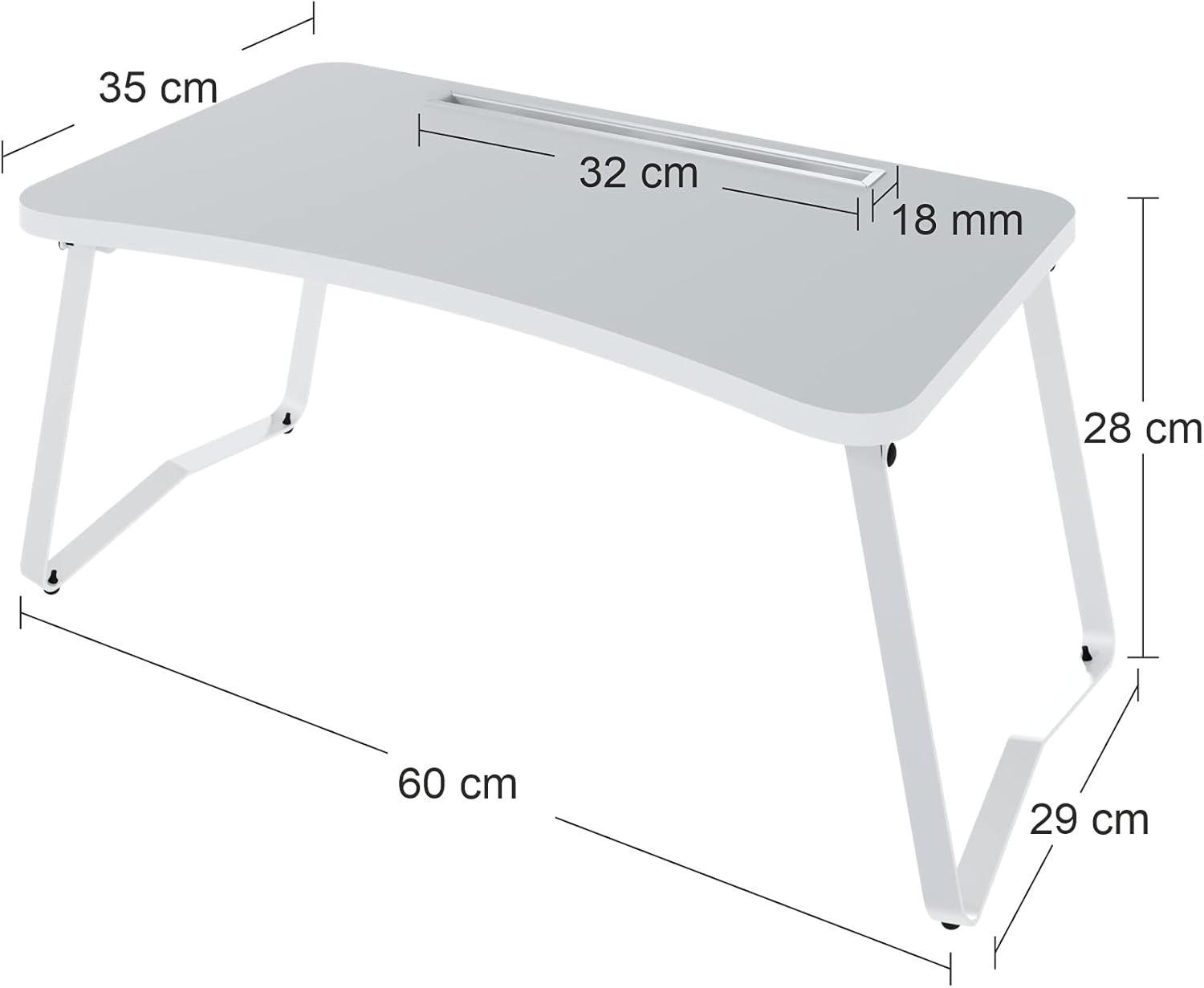 Una mesa plegable blanca con dimensiones: 60cm de largo, 35cm de ancho, 28cm de alto.