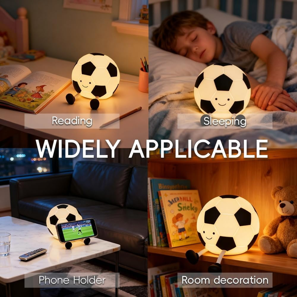 Vier Szenen zeigen eine Fußballlampe: Lesen, Schlafen, Handyhalter, Deko.