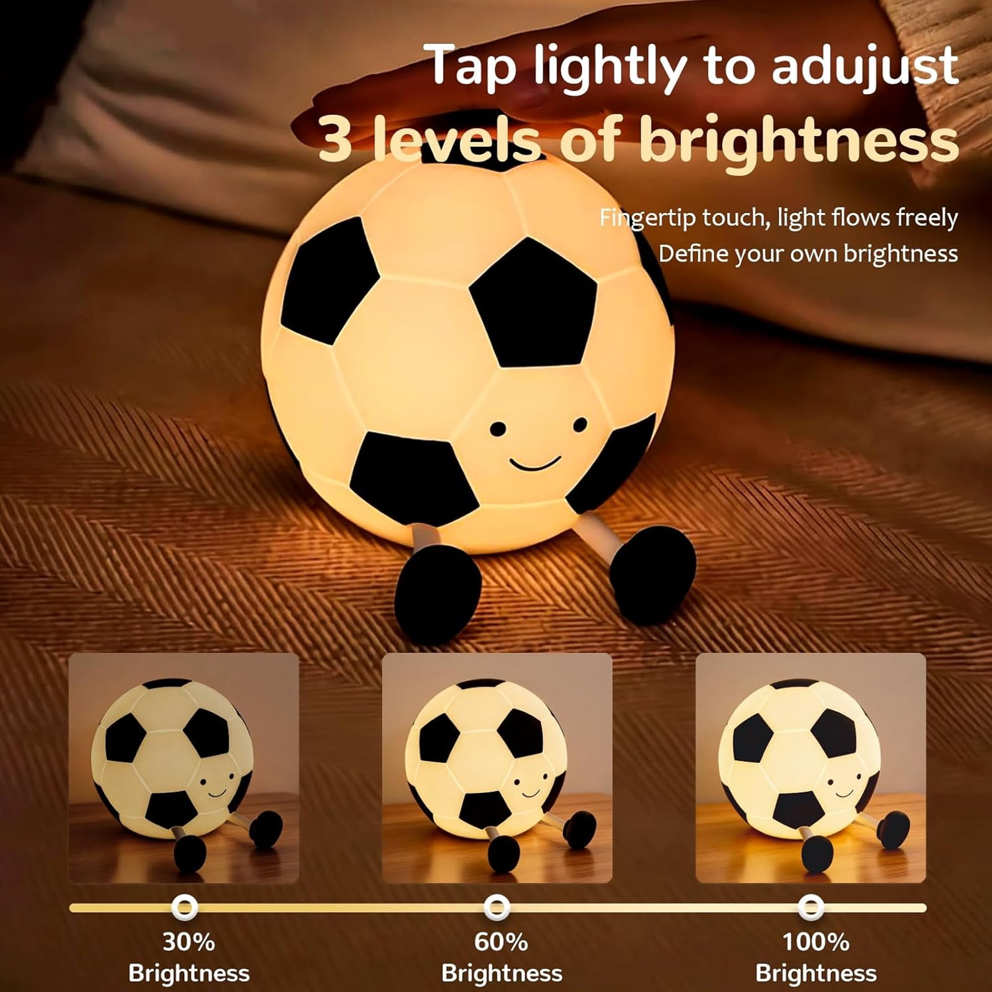 Fußballlampe mit 3 Helligkeitsstufen, die per Fingertipp eingestellt werden.