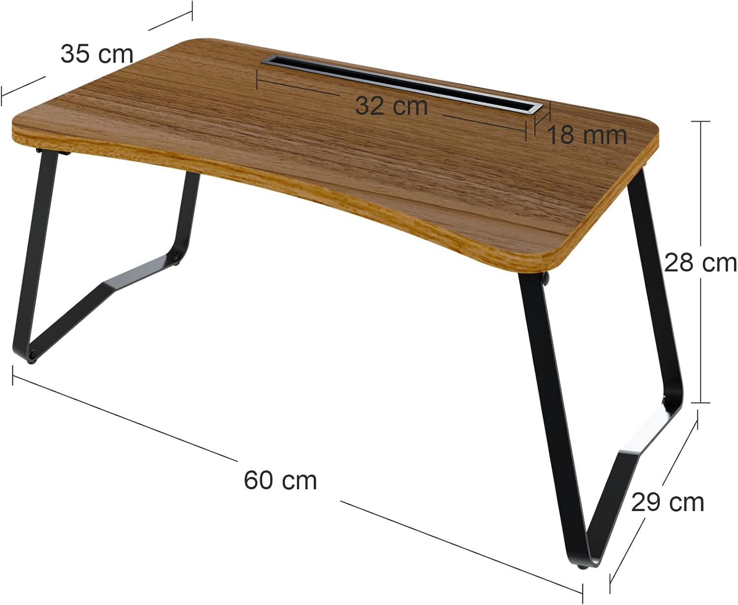 Mesa marrón de madera para portátil con patas plegables negras y medidas.