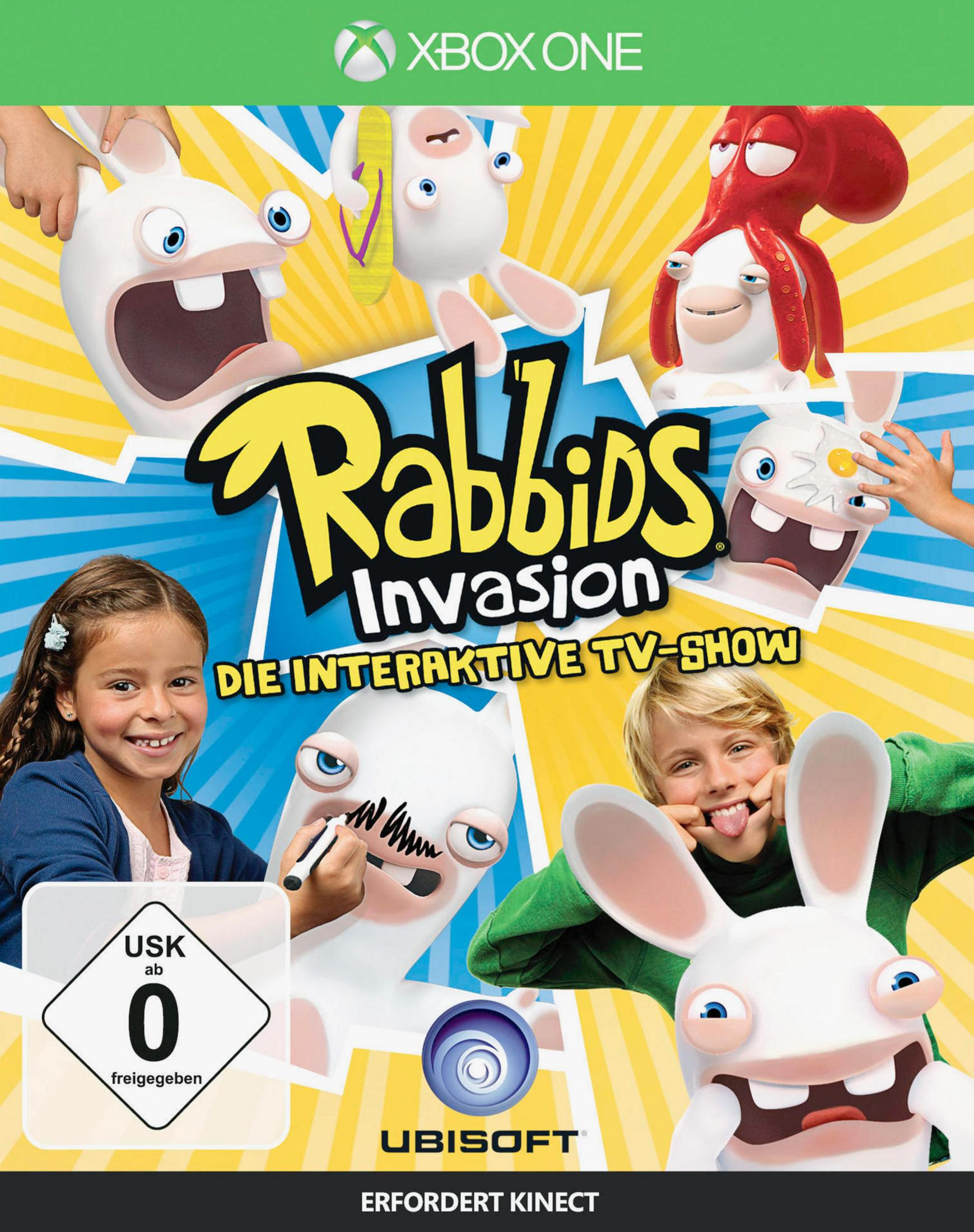 Xbox One Spielcover mit Rabbids, Kindern und einem Oktopus. USK 0.