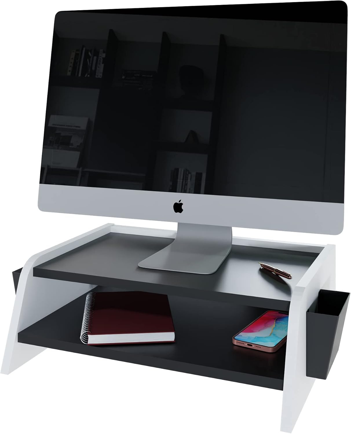 Un soporte de monitor blanco y negro sostiene un iMac de Apple, cuaderno, teléfono, bolígrafo y portalápices.