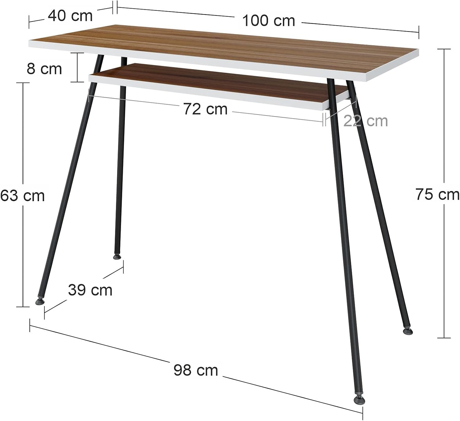 Un escritorio con tablero de madera, marco de metal negro y un estante inferior.