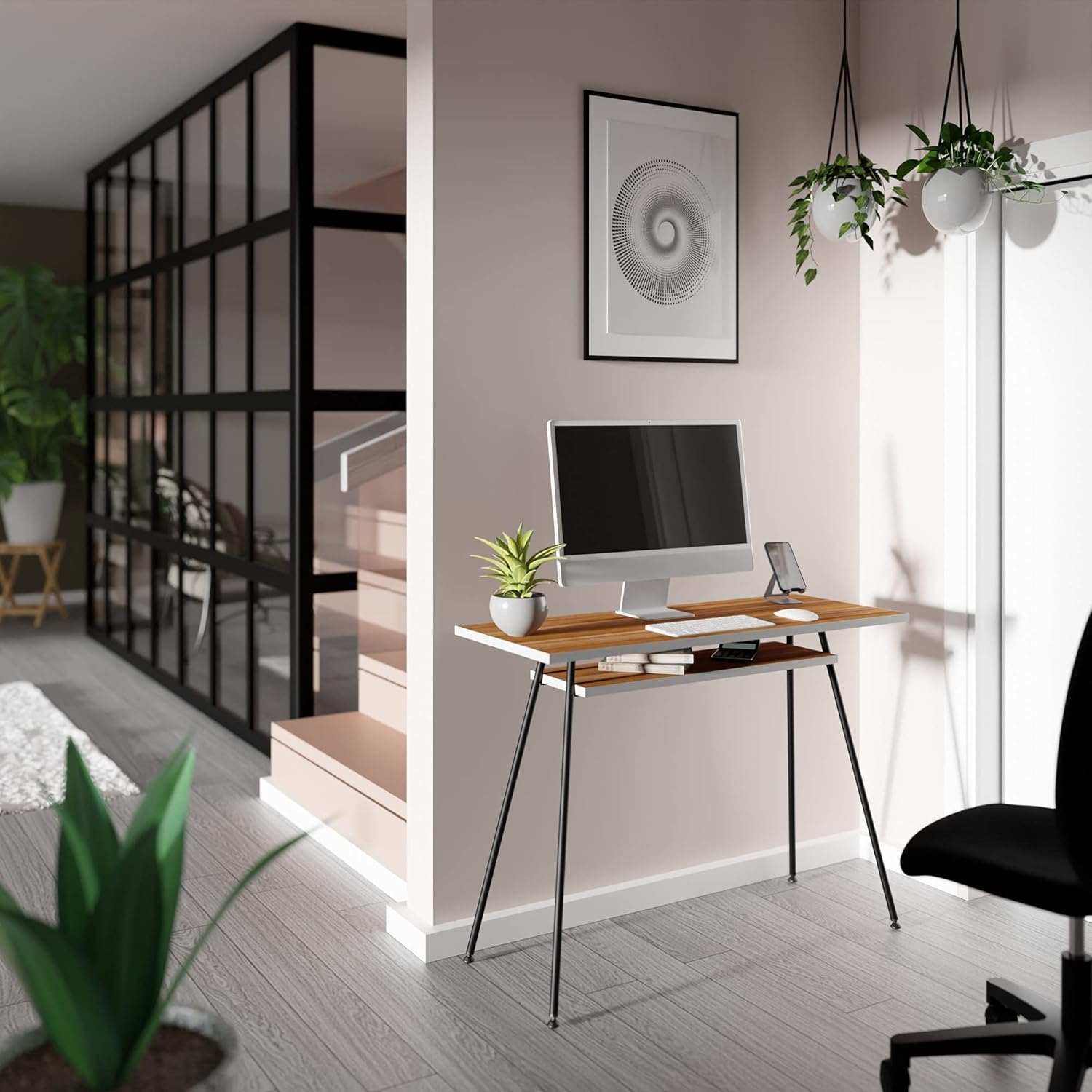 Moderna oficina en casa con escritorio, plantas y arte abstracto.