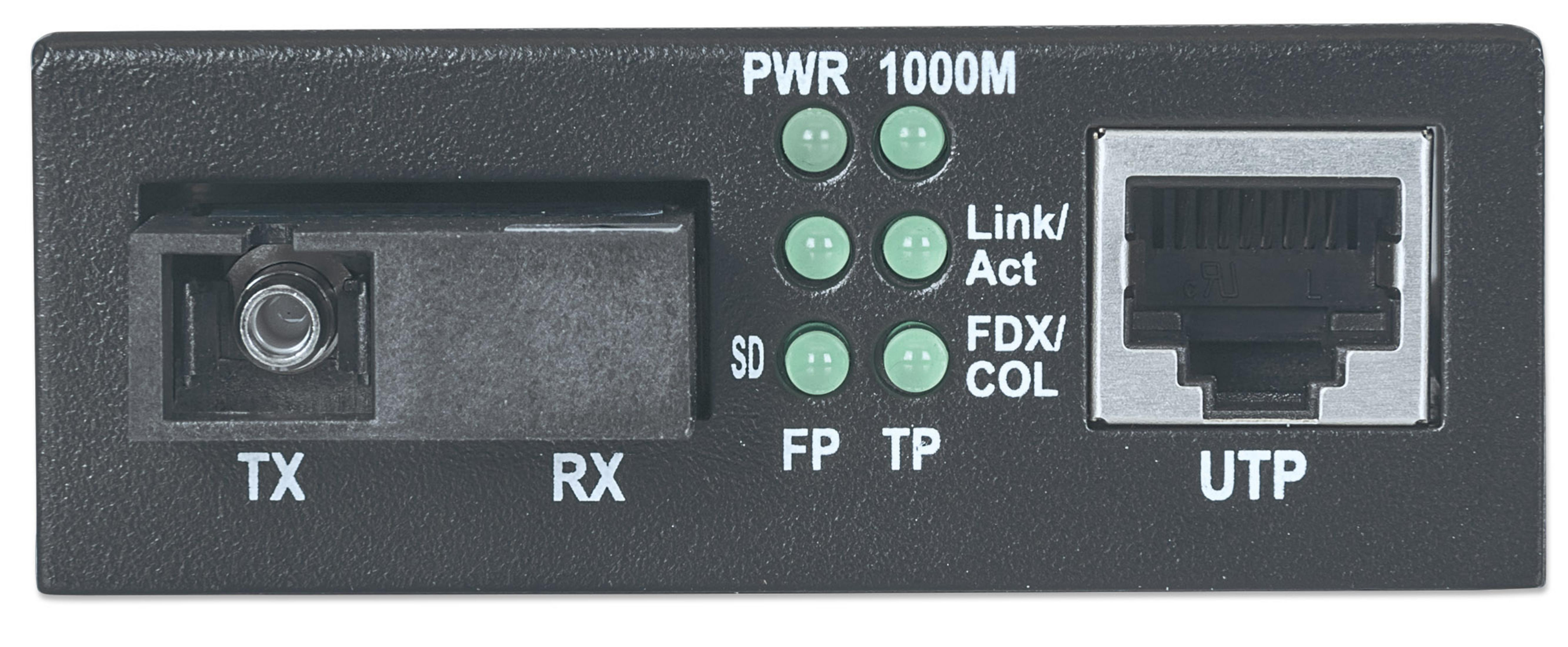 Schwarzes Gerät mit Netzwerkanschlüssen und Status-LEDs.