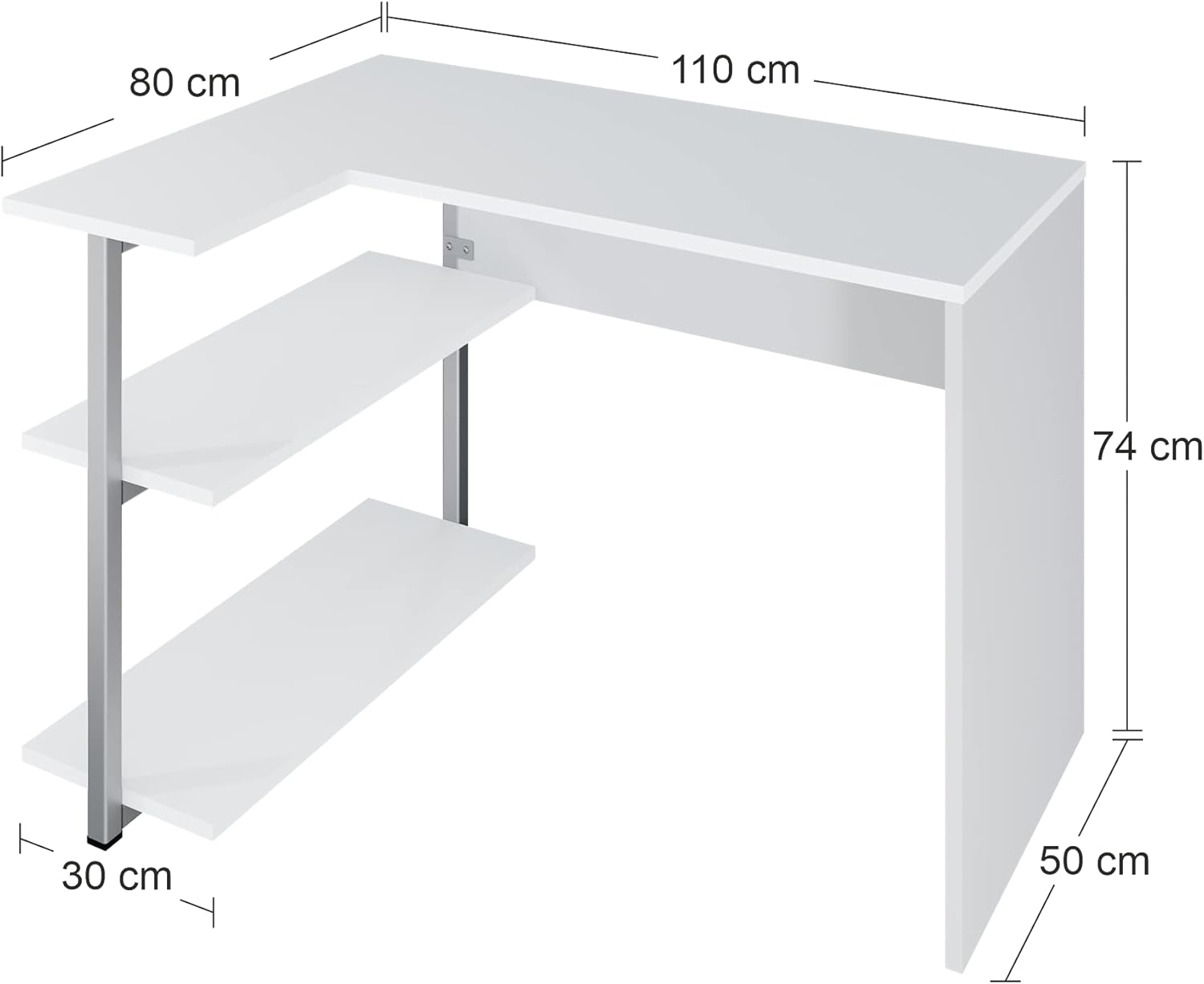 Escritorio blanco en L con estantes. Dimensiones: 80, 110, 74, 50, 30 cm.