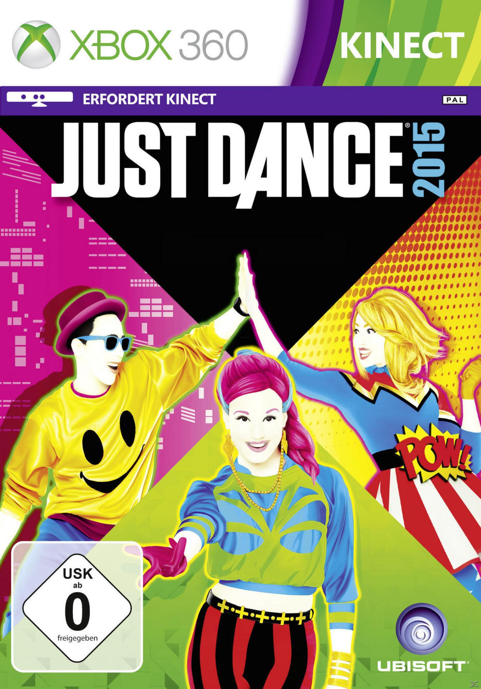 Cover von Just Dance 2015 mit drei tanzenden Personen vor buntem Hintergrund.