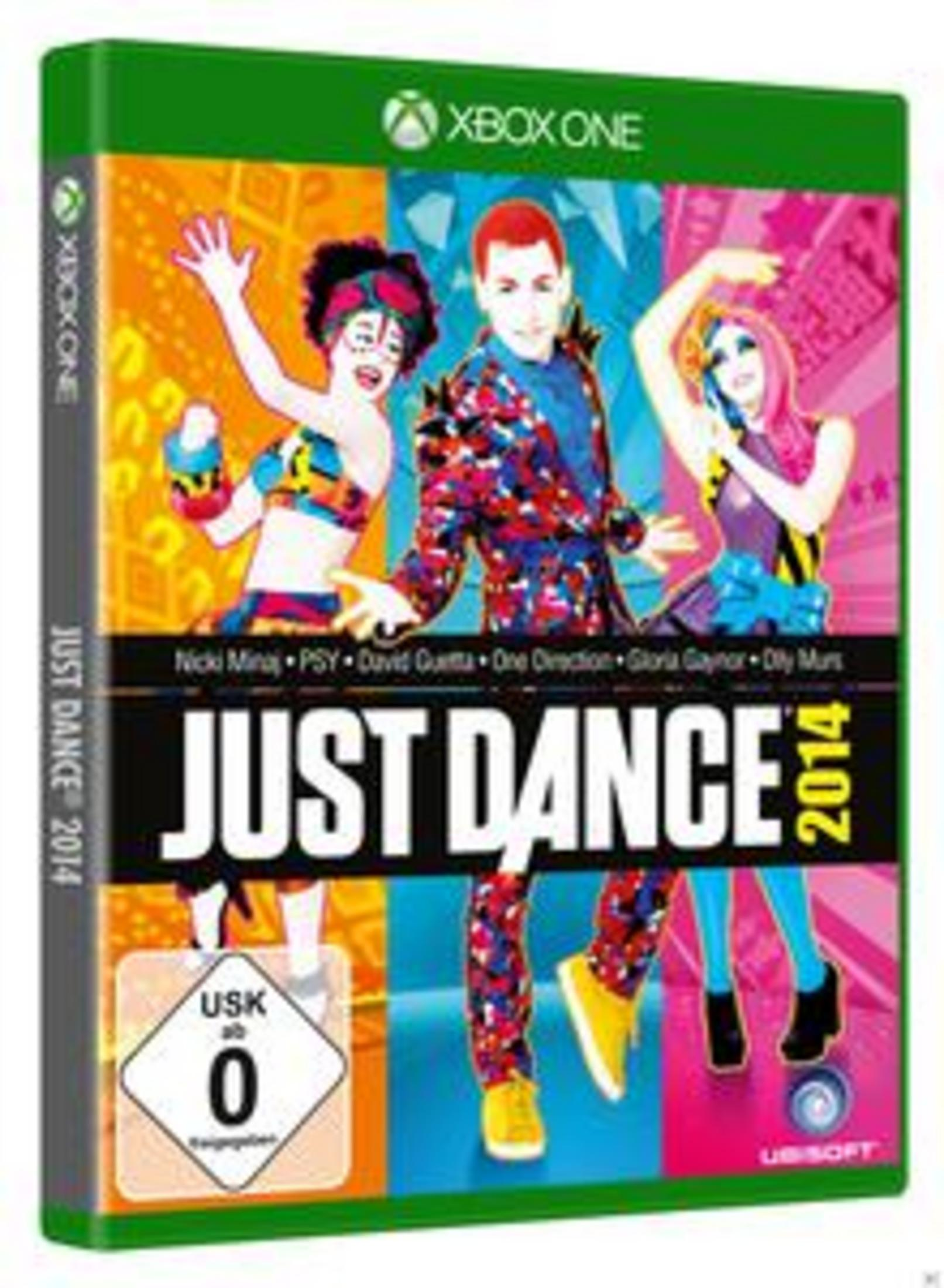 Cover von Just Dance 2014 für Xbox One mit tanzenden Figuren und Logos.