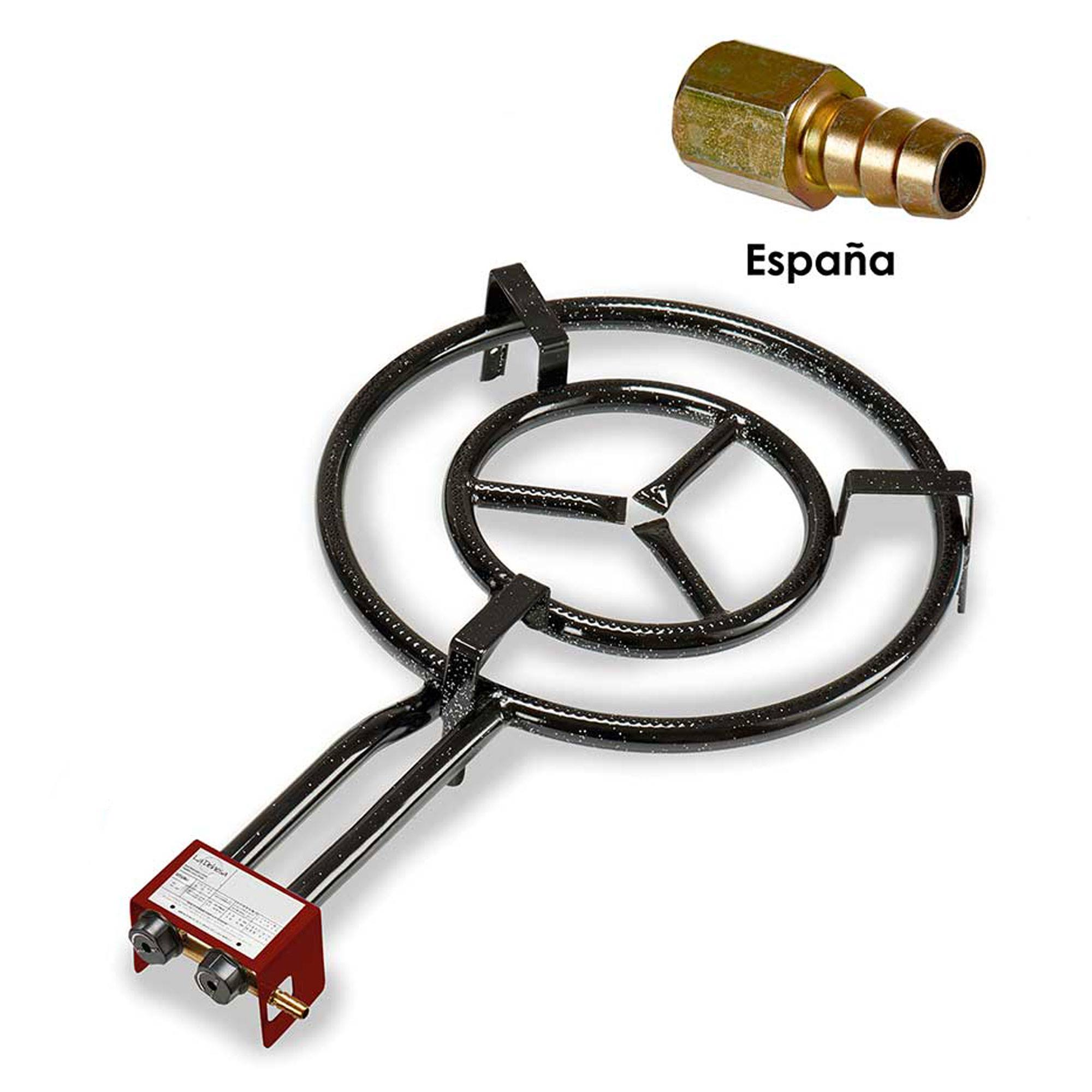 Quemador de gas negro de doble anillo y un conector dorado 'España'.