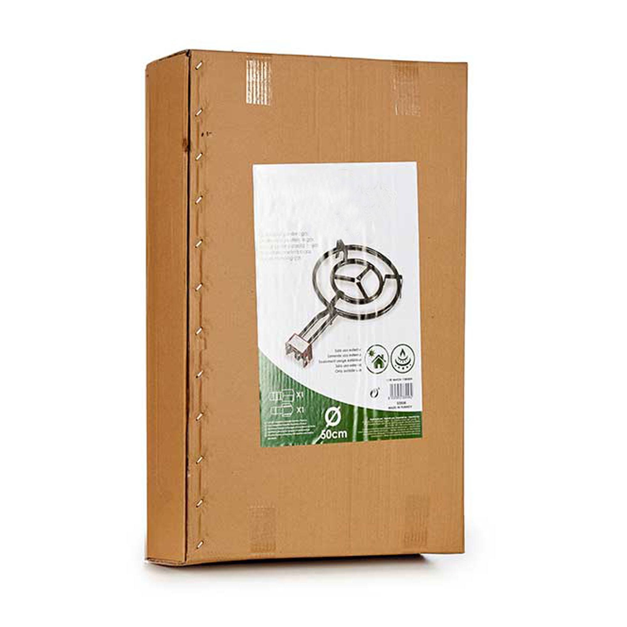 Una caja de cartón marrón con una pegatina que muestra un quemador de gas de 50cm.