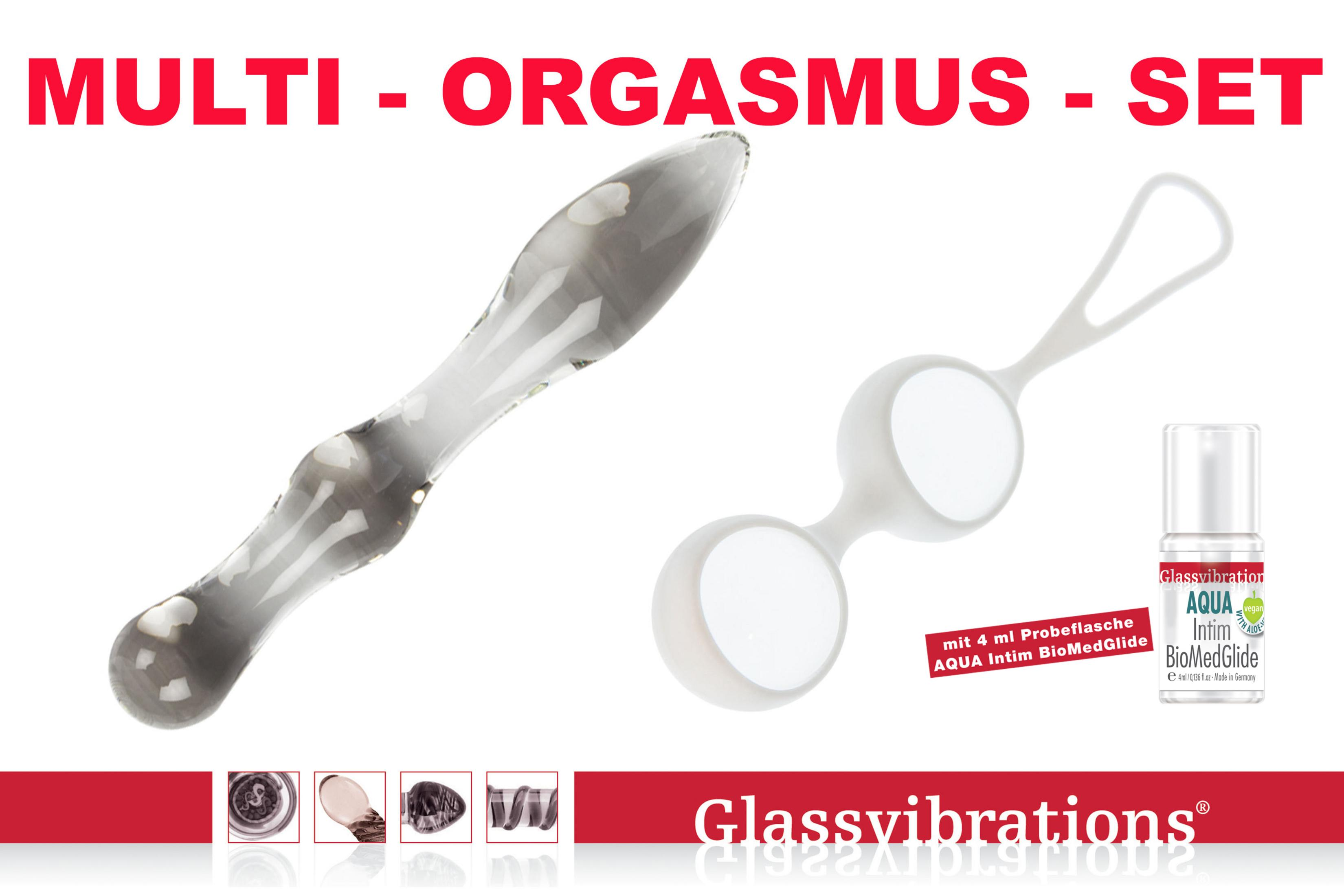 Multi-Orgasmus-Set mit Glas-Dildo, Kugeln und Gleitmittelprobe.
