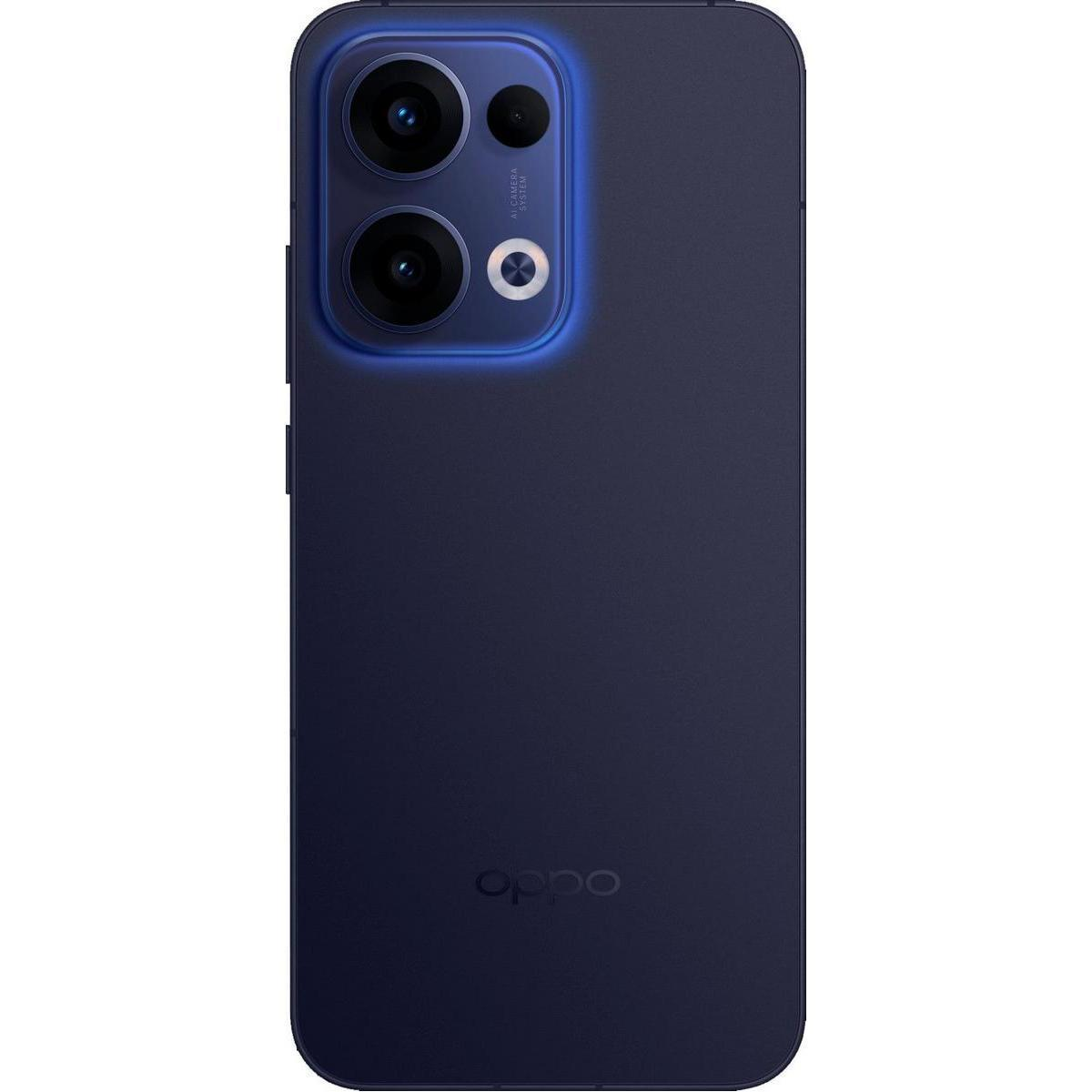 Teléfono azul oscuro con cuatro cámaras y logo OPPO.