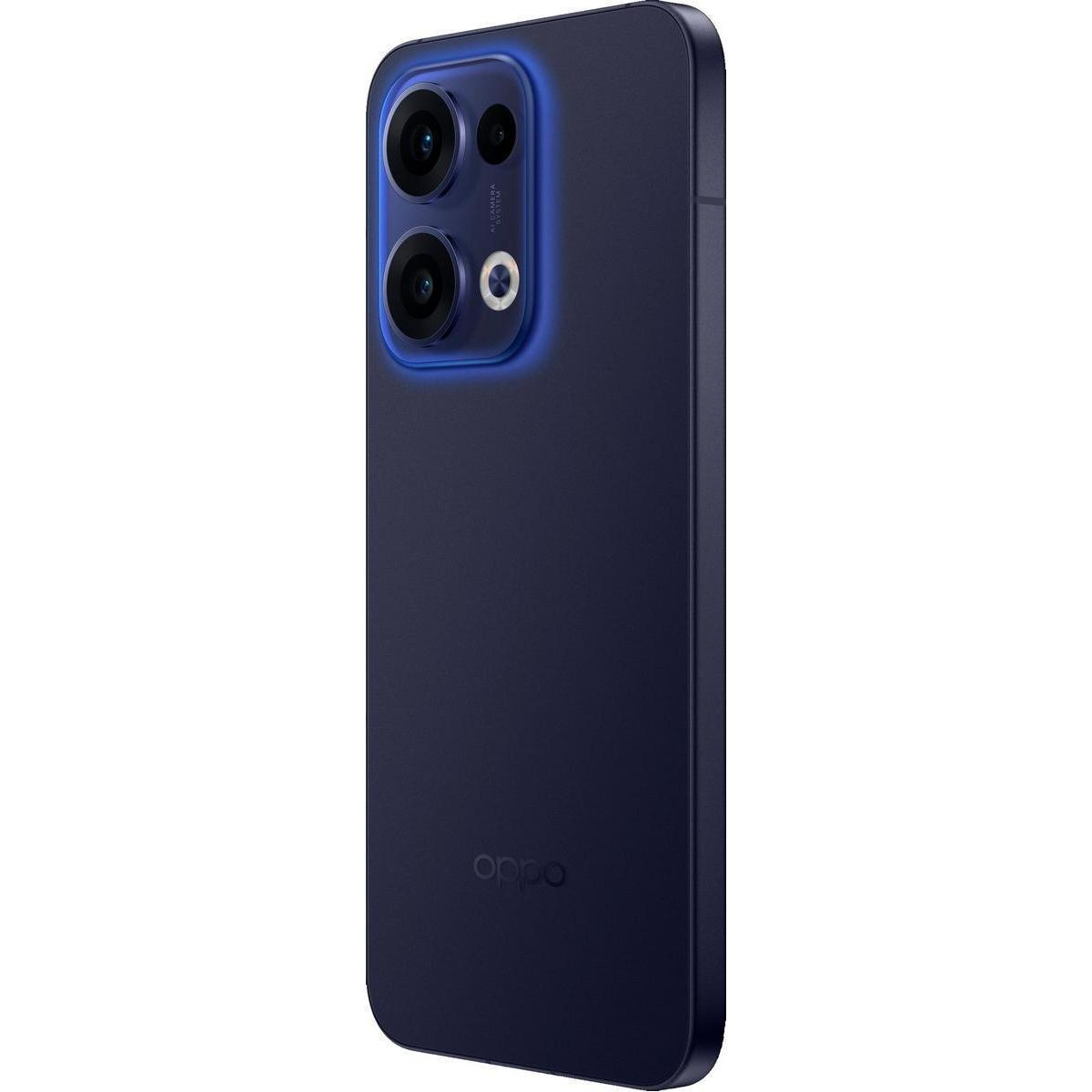 Teléfono azul oscuro con tres lentes de cámara y logo OPPO.