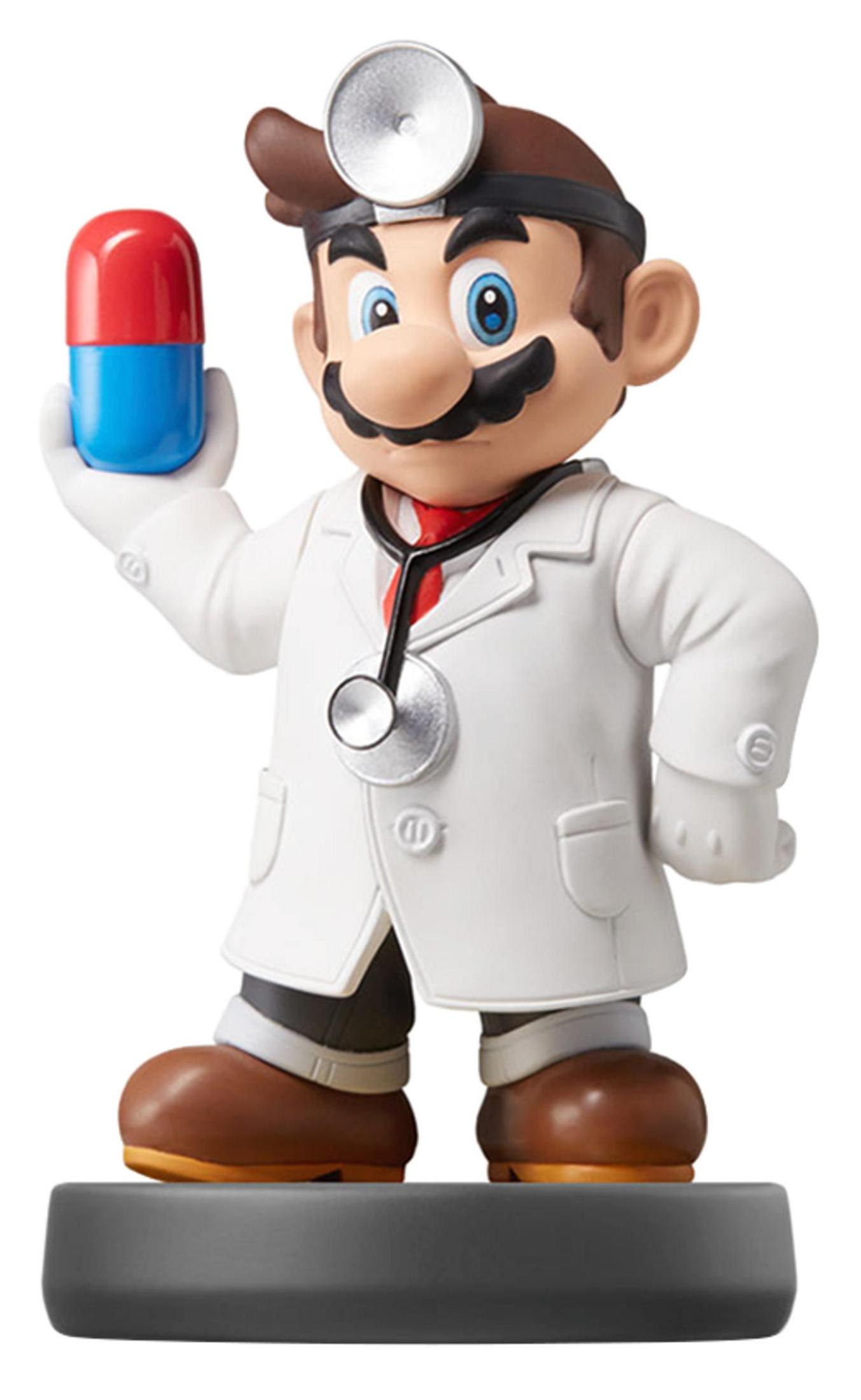 Mario als Arzt mit Stethoskop hält eine rote und blaue Kapsel in der Hand.