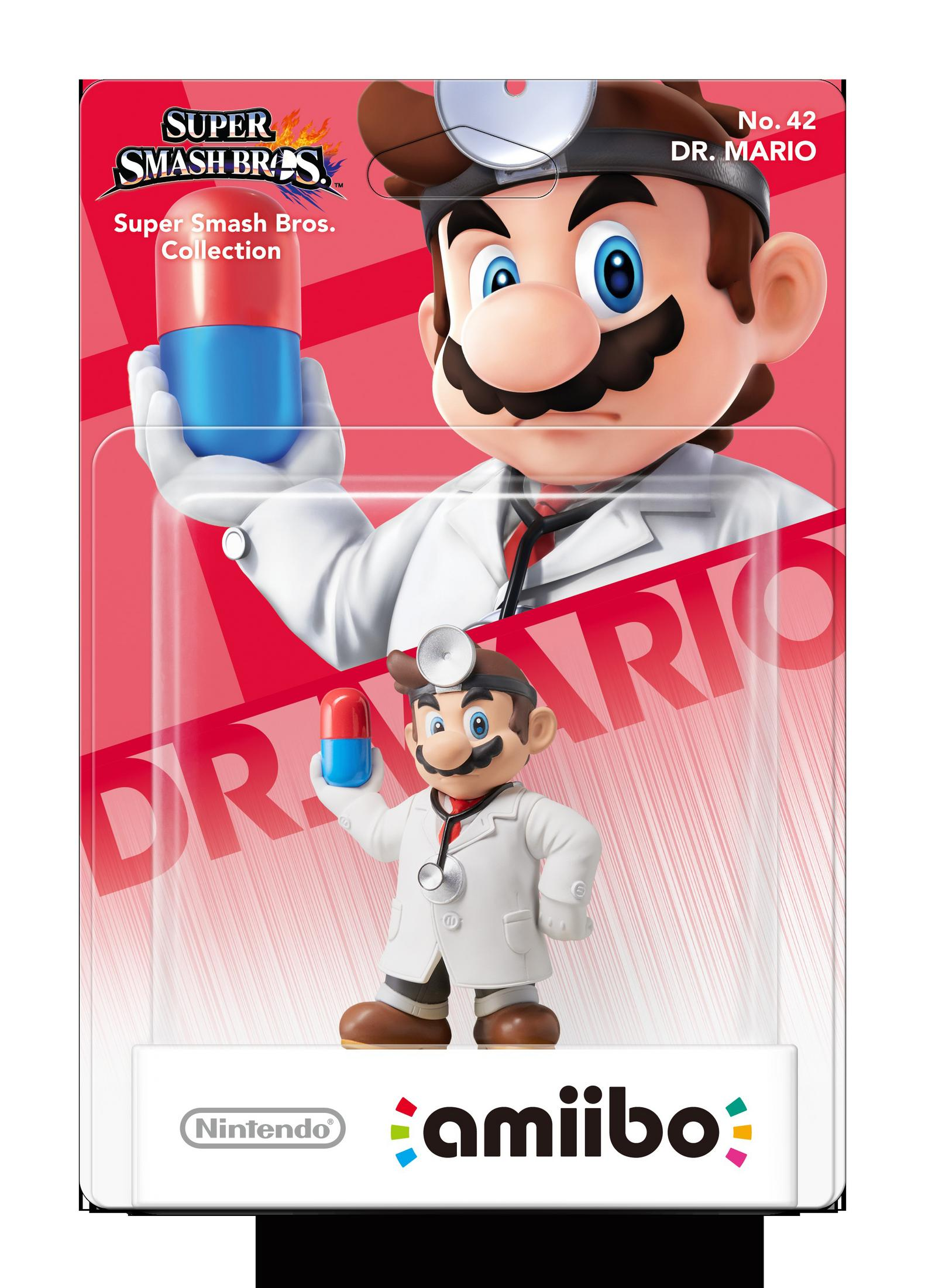 Dr. Mario Amiibo-Figur in Super Smash Bros.-Verpackung, hält eine Kapsel.