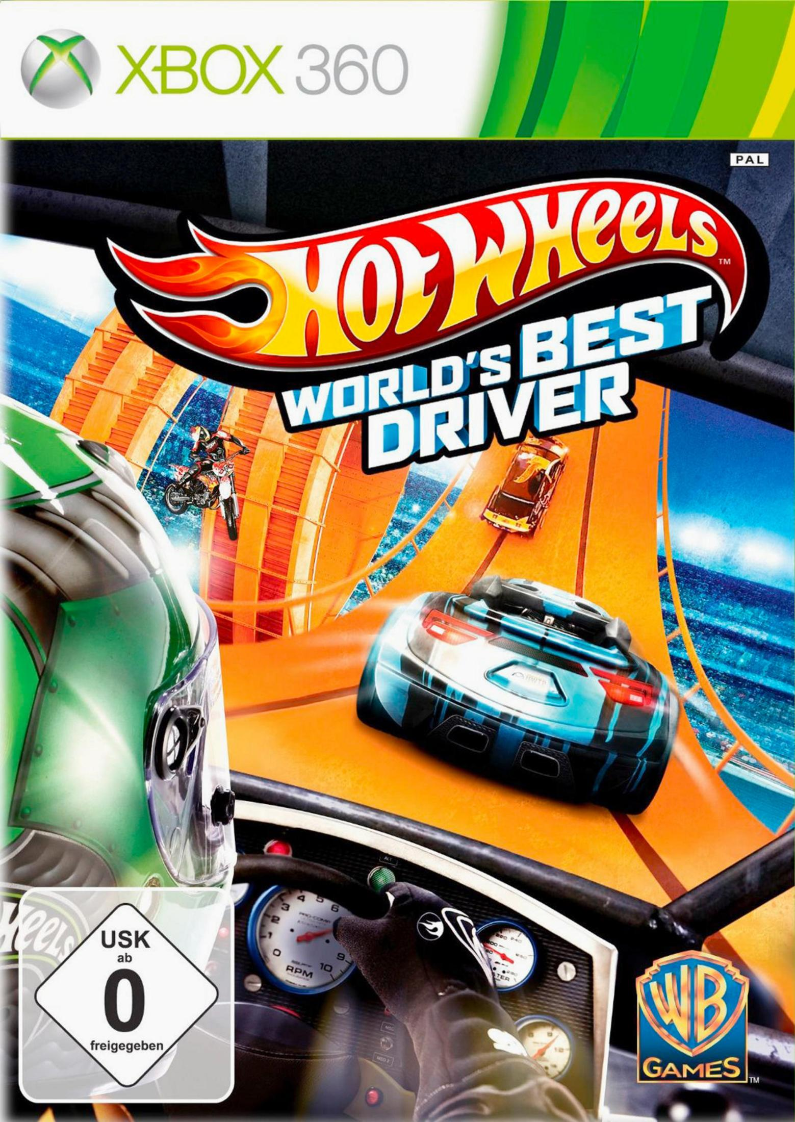 Xbox 360 Spielcover: Rennwagen fahren auf einer orangefarbenen Strecke, Motorradfahrer in der Luft.