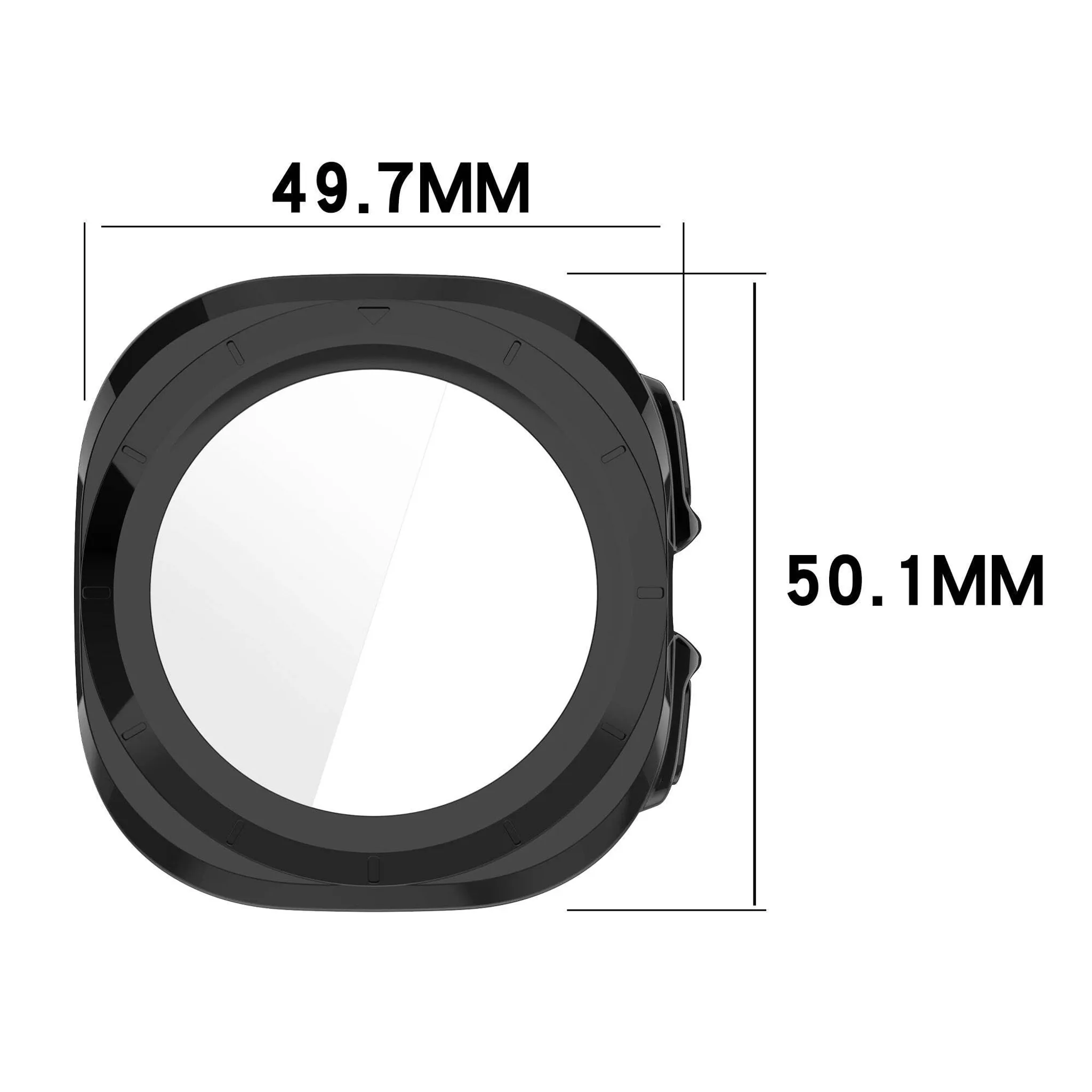 Schwarzes Smartwatch-Gehäuse, 49,7 mm breit und 50,1 mm hoch.