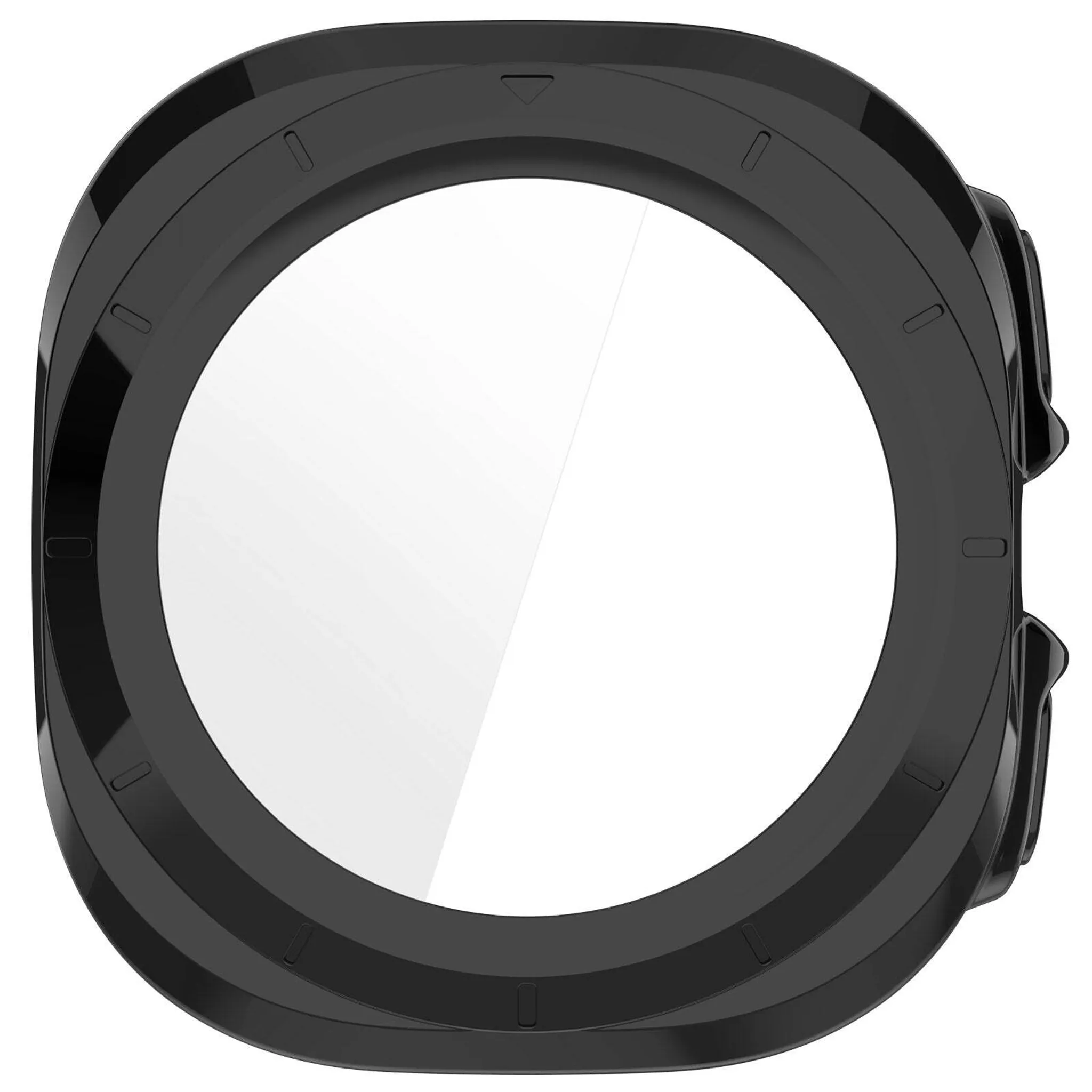 Schwarzer Uhrenrahmen mit weißem Glas und seitlichen Knöpfen.